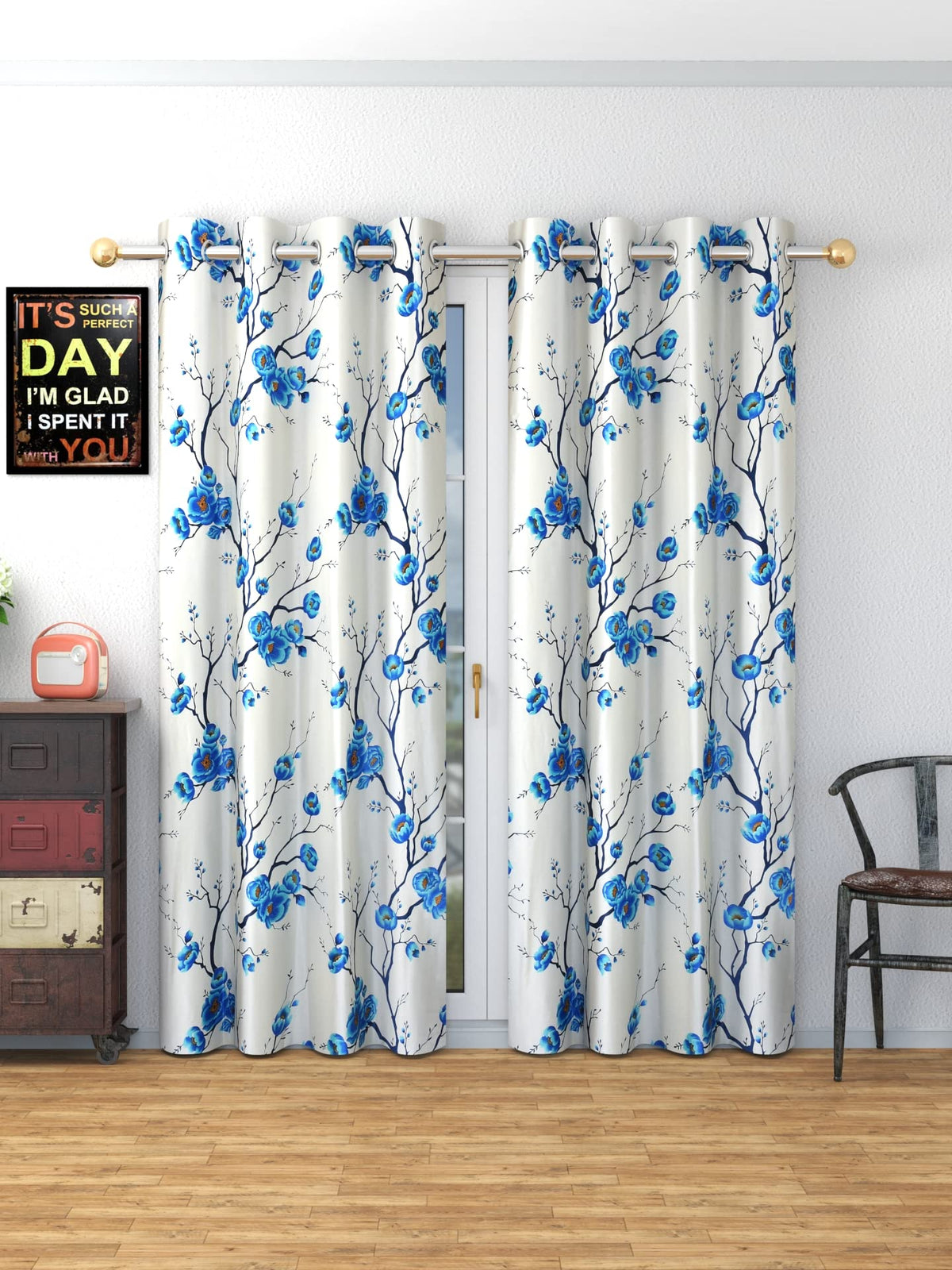 SB INDIA Polyester Floral Long Door Curtain for Living Room Bedroom, 9 feet Long, Blue, Set of 1