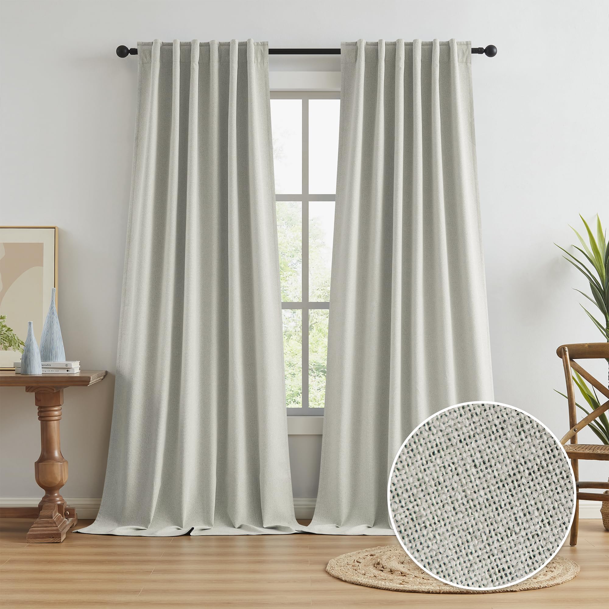 KEQIAOSUOCAI Linen Blackout Curtains 102 Inches Long, Energy Saving Back Tab Loop Pocket Pinch Pleated Canvas Look Rustic Farmho