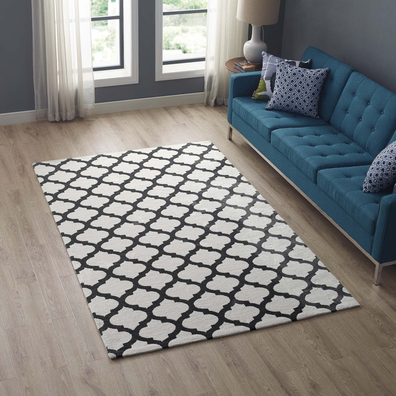 Modway Lida Moroccan Trellis 5X8 Area Rug With Lattice Design In Ivory And Charcoal