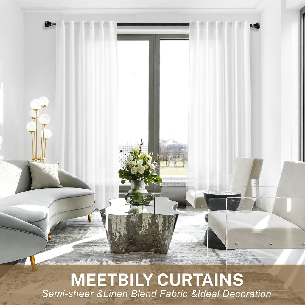 Meetbily Semi Sheer White Linen Curtains 96 Inches Long For Living Room 2 Panels Set Back Tab Light Filtering Modern Farmhouse B