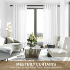 Meetbily Semi Sheer White Linen Curtains 96 Inches Long For Living Room 2 Panels Set Back Tab Light Filtering Modern Farmhouse B