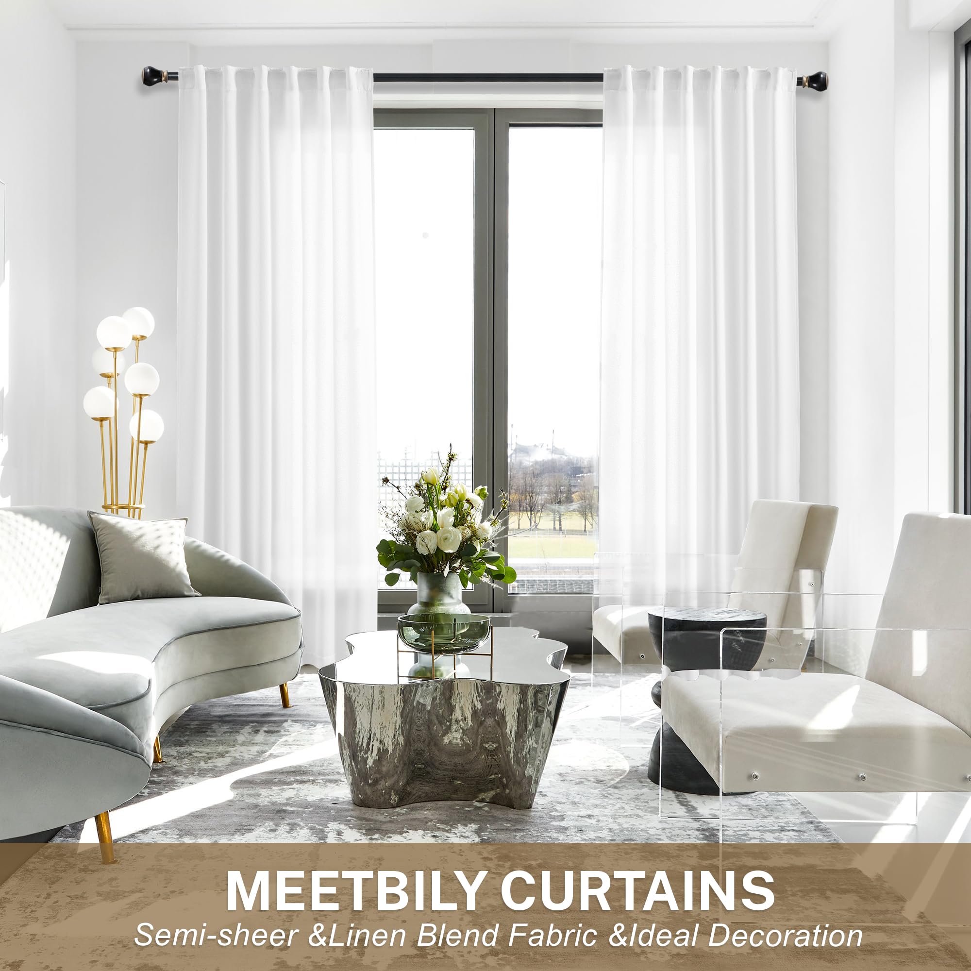 Meetbily White Linen Curtains 84 Inches Long For Living Room 2 Panels Set Linen Textured Back Tab Pocket Light Filtering Semi Sh
