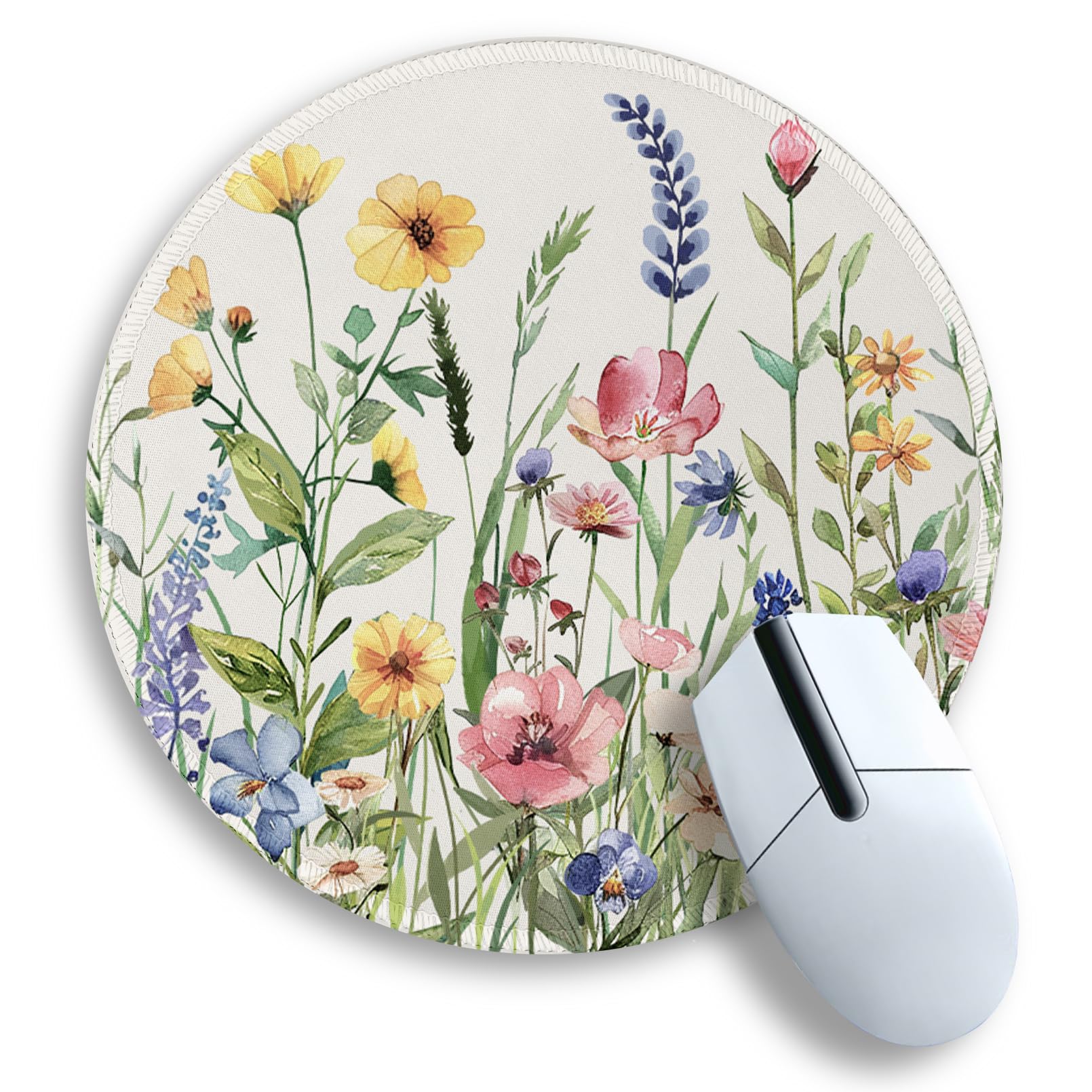 Gctriki Flowers Plants Mouse Pads For Desk,Cute Floral Small Round Mousepad With Stitched Edge Non-Slip Rubber Base,Comfortable