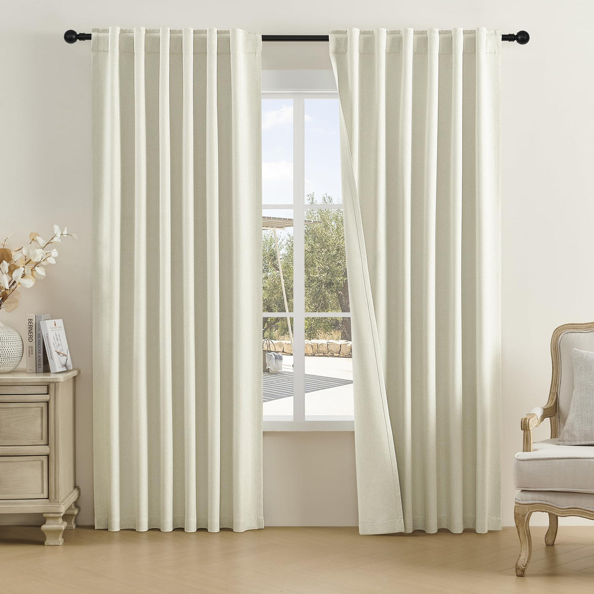 Dualife Beige Blackout Curtains 84 Inches Long For Bedroom Back Tab Rod Pocket Burlap Flax Linen Curtains Blackout Rustic Farmho