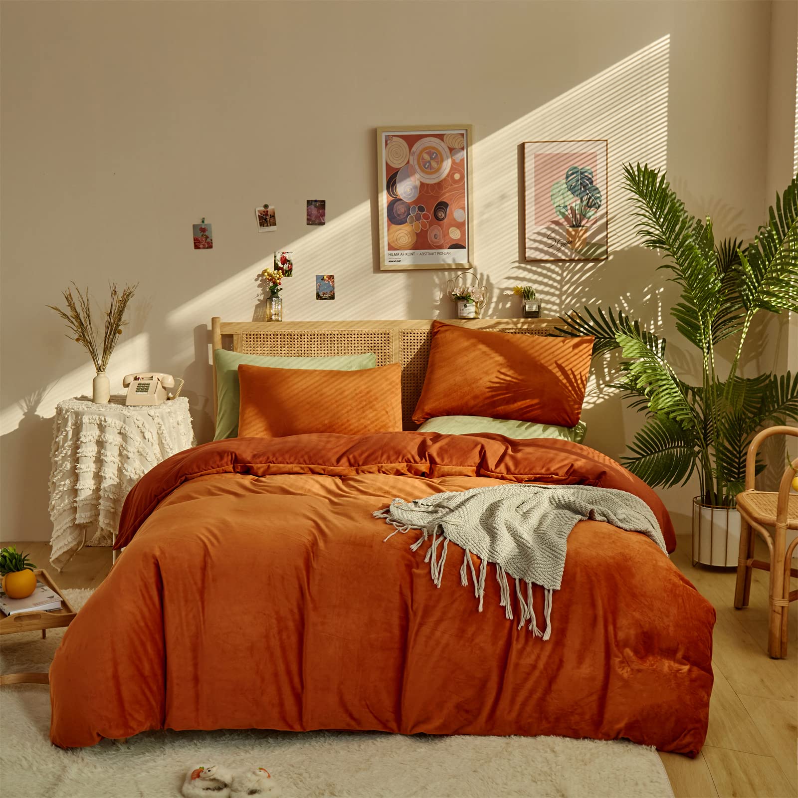 Houseri Burnt Orange Velvet Comforter Set King Rust Comforter Fluffy Bedding Sets Brick Red Comforter Micromink Sherpa Comforter