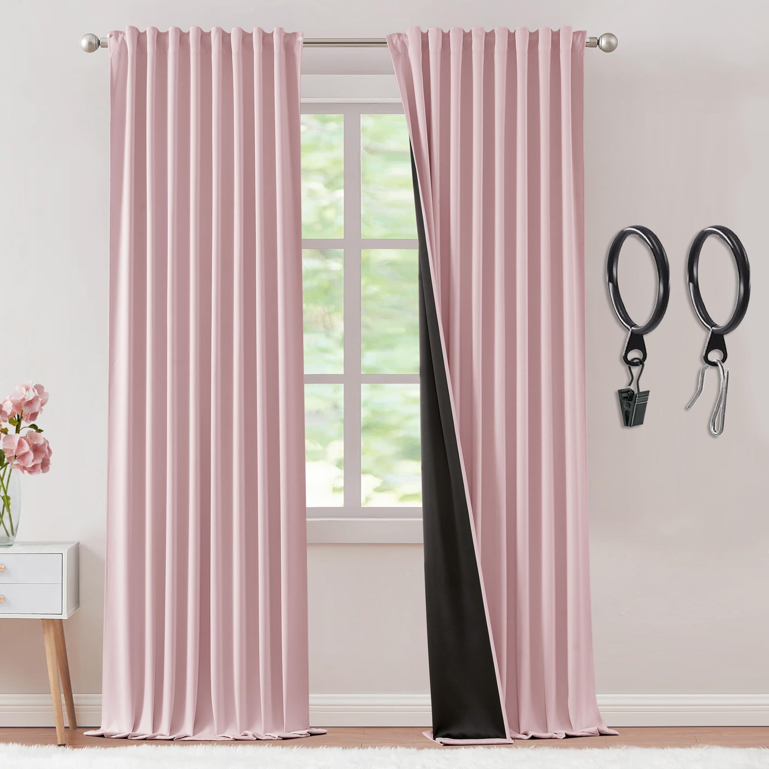 Shineland Pink Blackout Curtains 102 Inches Long 2 Panels Set,Back Tab Pleated Thermal Insulated Darkening Curtain Drapes For Be