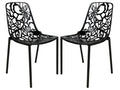 LeisureMod Aluminum Stackable Dining Chair Set of 2 with Floral Cutout Design, Black Patio Side Chair for Indoor and Outdoor Use