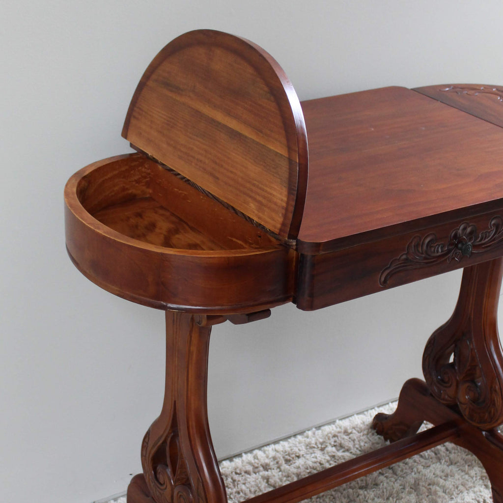 International Caravan Furniture Piece Windsor Carved Wood Writing Table with Flip-up Drawers