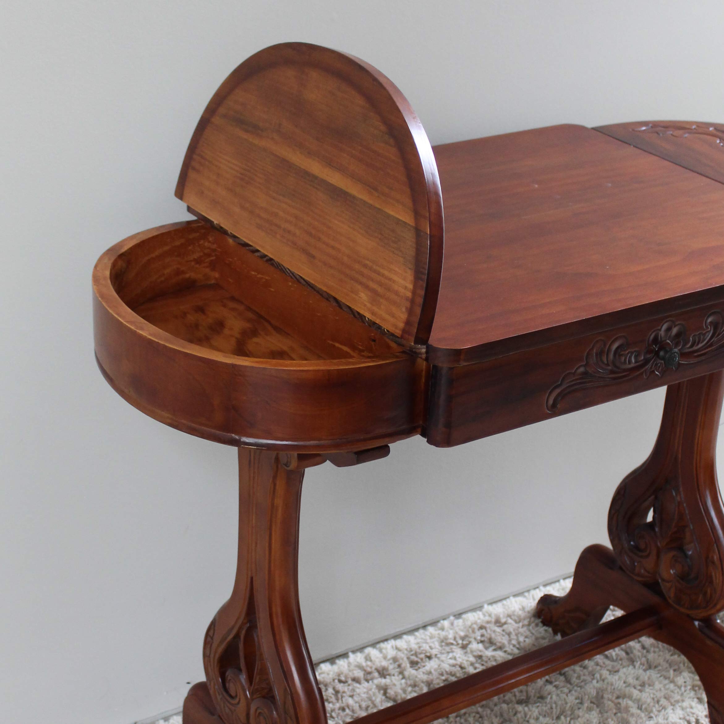 International Caravan Furniture Piece Windsor Carved Wood Writing Table with Flip-up Drawers