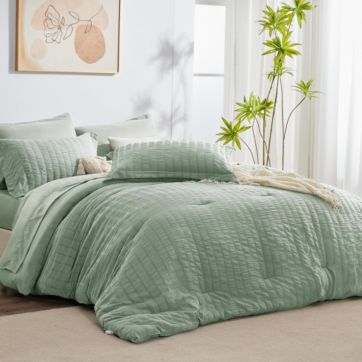 Cozylux Full Seersucker Comforter Set With Sheets Sage Green Bed In A Bag 7-Pieces All Season Bedding Sets With Comforter, Pillo