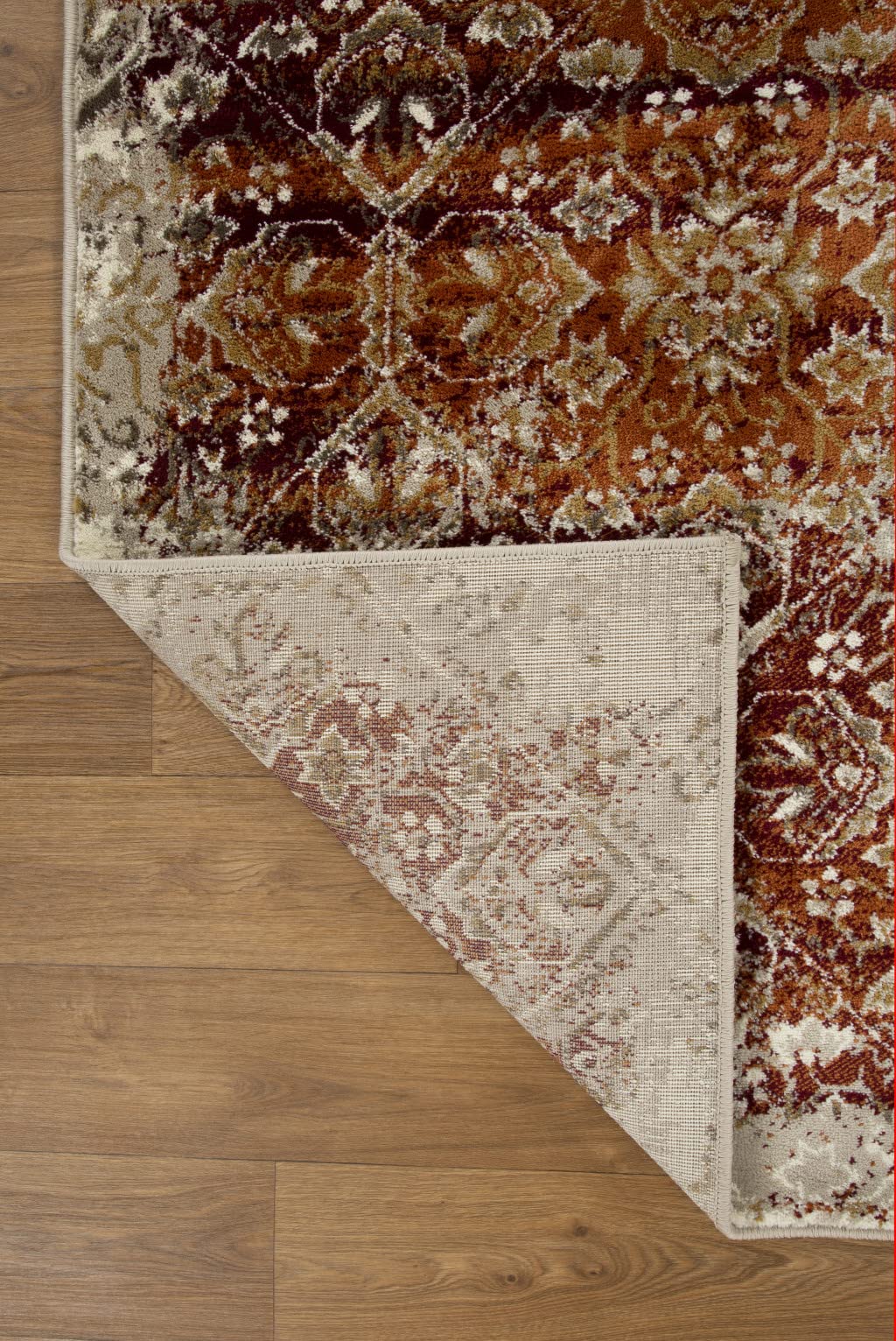 HomeRoots Ivory/Rust Heat-Set Polypropelene 8’ Round Rust Ivory Distressed Diamonds Area Rug