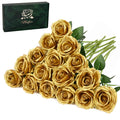 Waipfaru 16 Pcs Fake Gold Roses Artificial Flowers with Long Stems, Rose Bouquet Silk Faux Flowers for Valentines Wedding Party 
