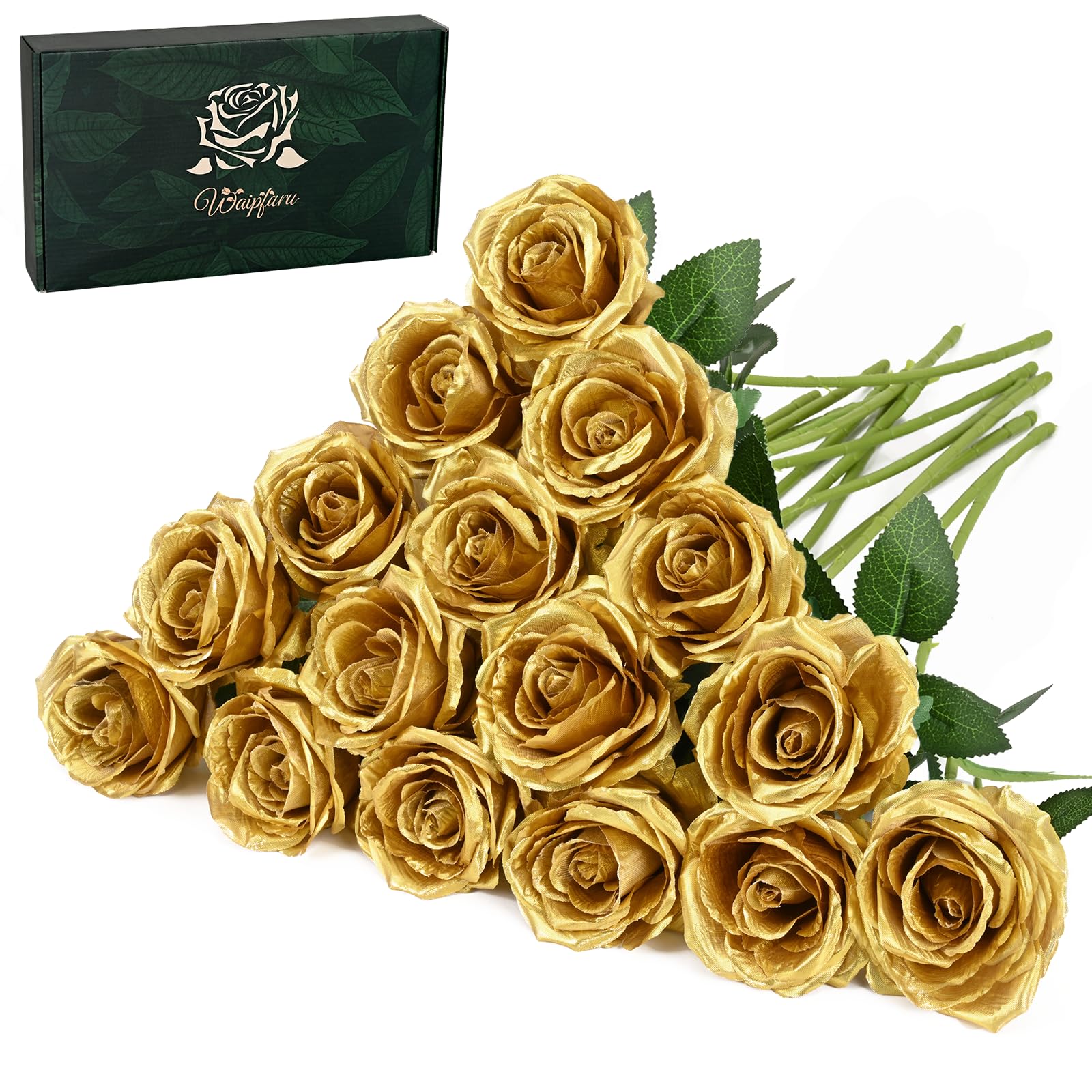 Waipfaru 16 Pcs Fake Gold Roses Artificial Flowers with Long Stems, Rose Bouquet Silk Faux Flowers for Valentines Wedding Party 