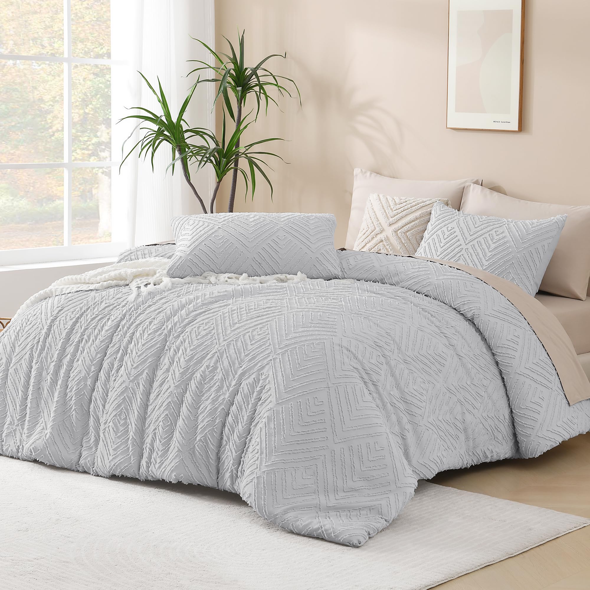 Andency Light Grey King Size Comforter Set, 3 Pieces Boho Bedding Set & Collections, Farmhouse Tufted Fluffy Bedding Comforter Sets For King Bed (1 Comforter 104X90In, 2 Pillowcases)