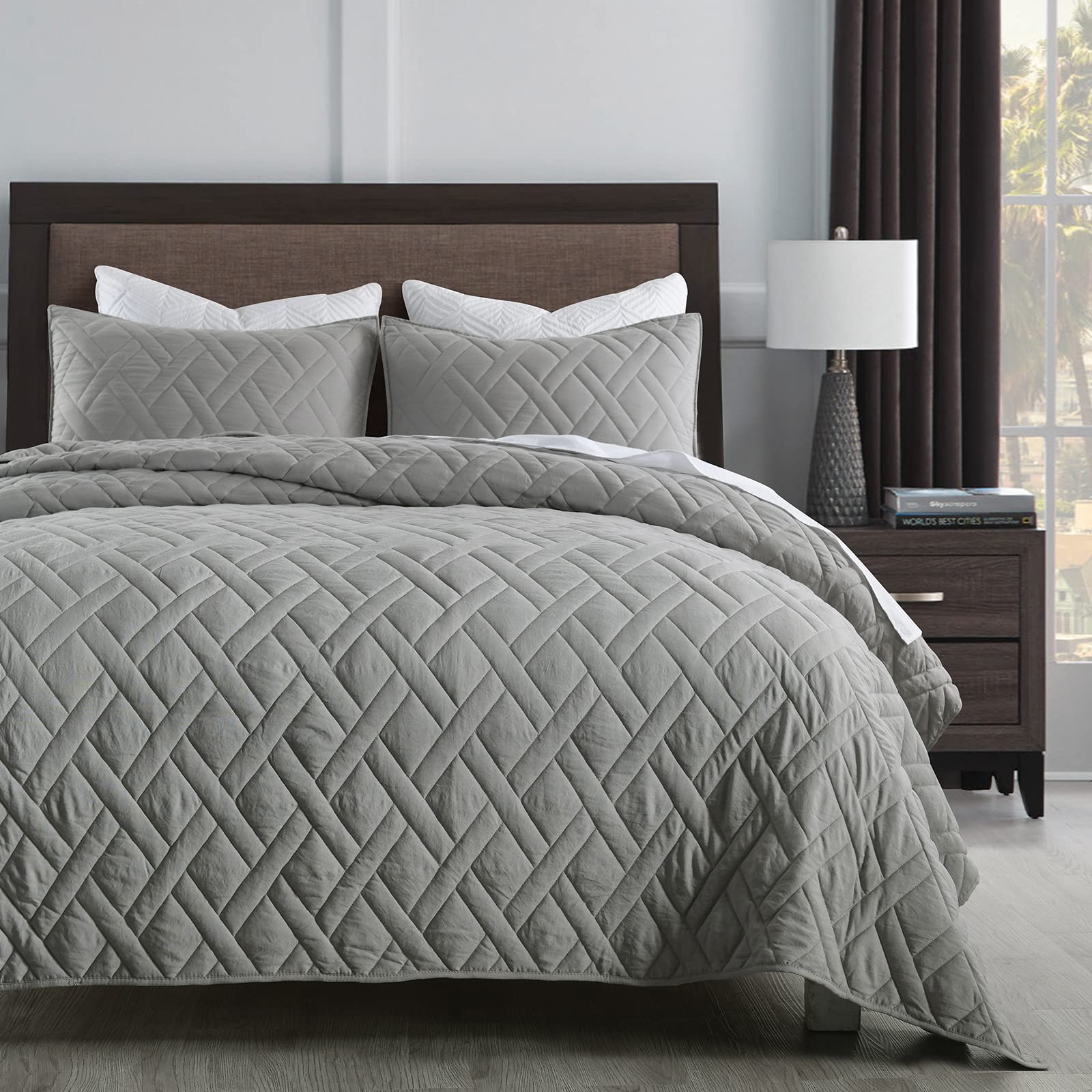 Horimote Home Quilt Set King Size Grey, Classic Geometric Diamond Stitched Pattern,Microfiber Ultra Soft Lightweight Quilted Bed