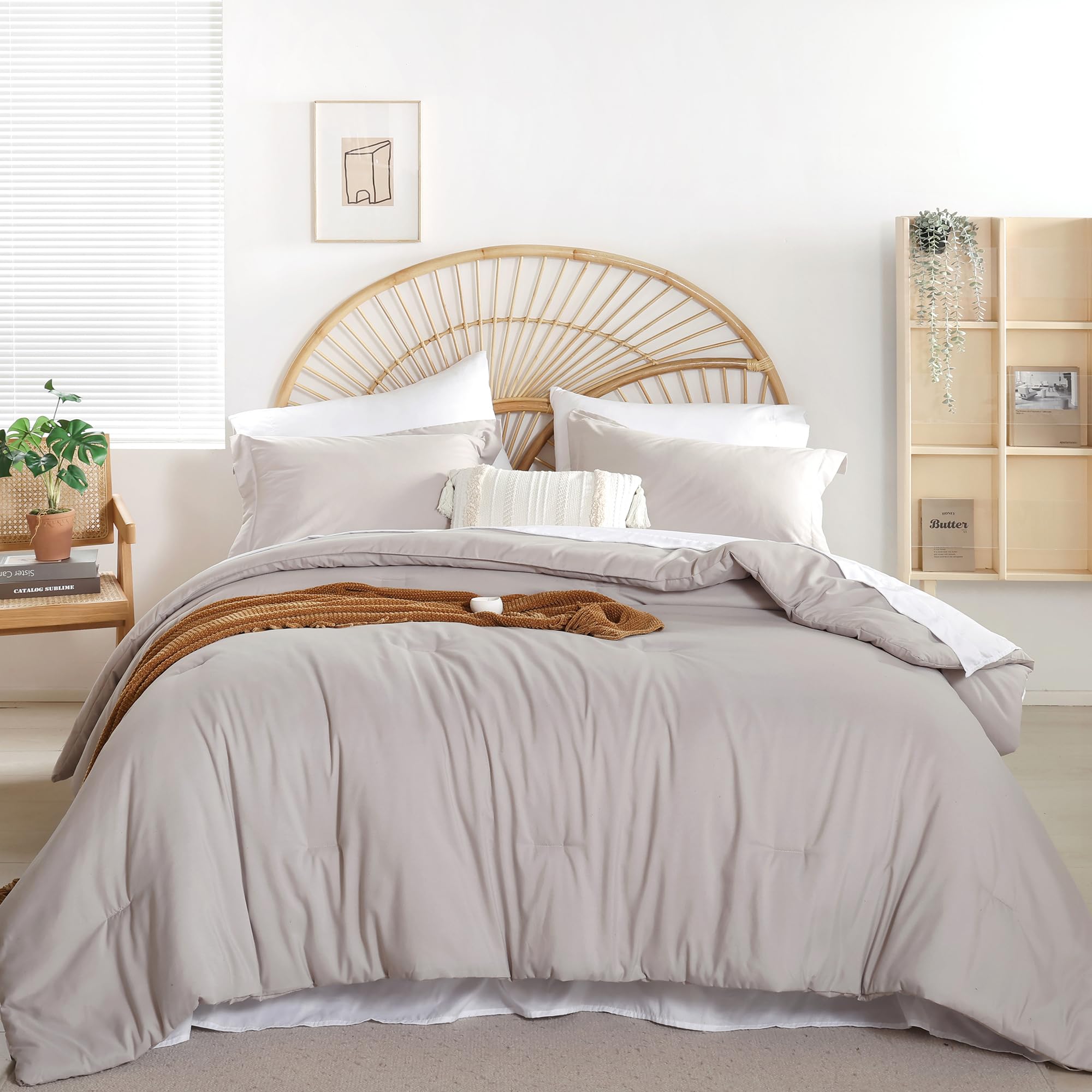 Weigelia Queen Comforter Set Boho Bed Comforter 7Pc Linen Grey Comforter Queen Size Bed In A Bag Soft All Season Microfiber Comf