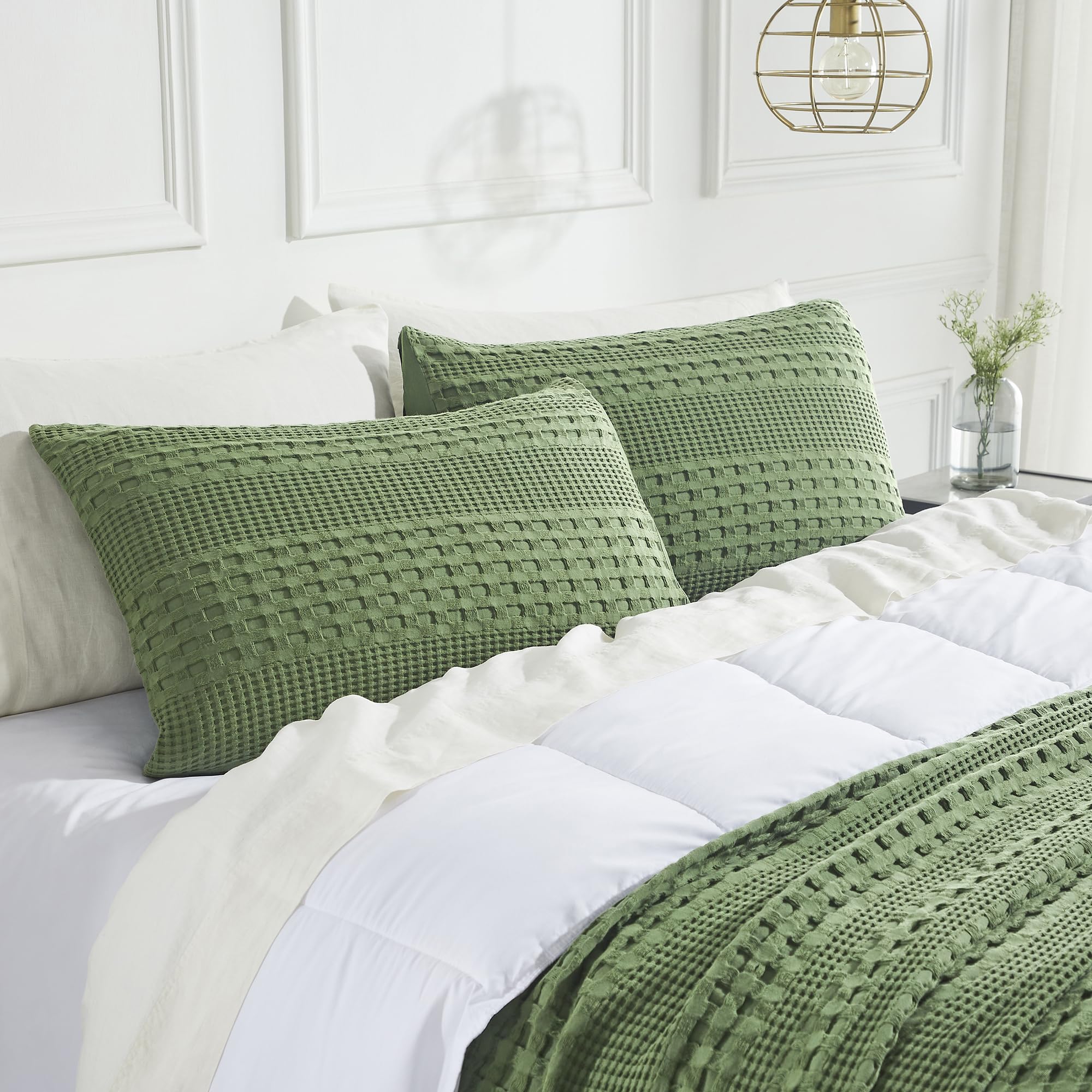 Vhc Brands 100% Cotton Waffle Weave Olive Green Standard Sham Set Of 2 20X26, Decorative Throw Pillow Covers/Shams, Boho Farmhou