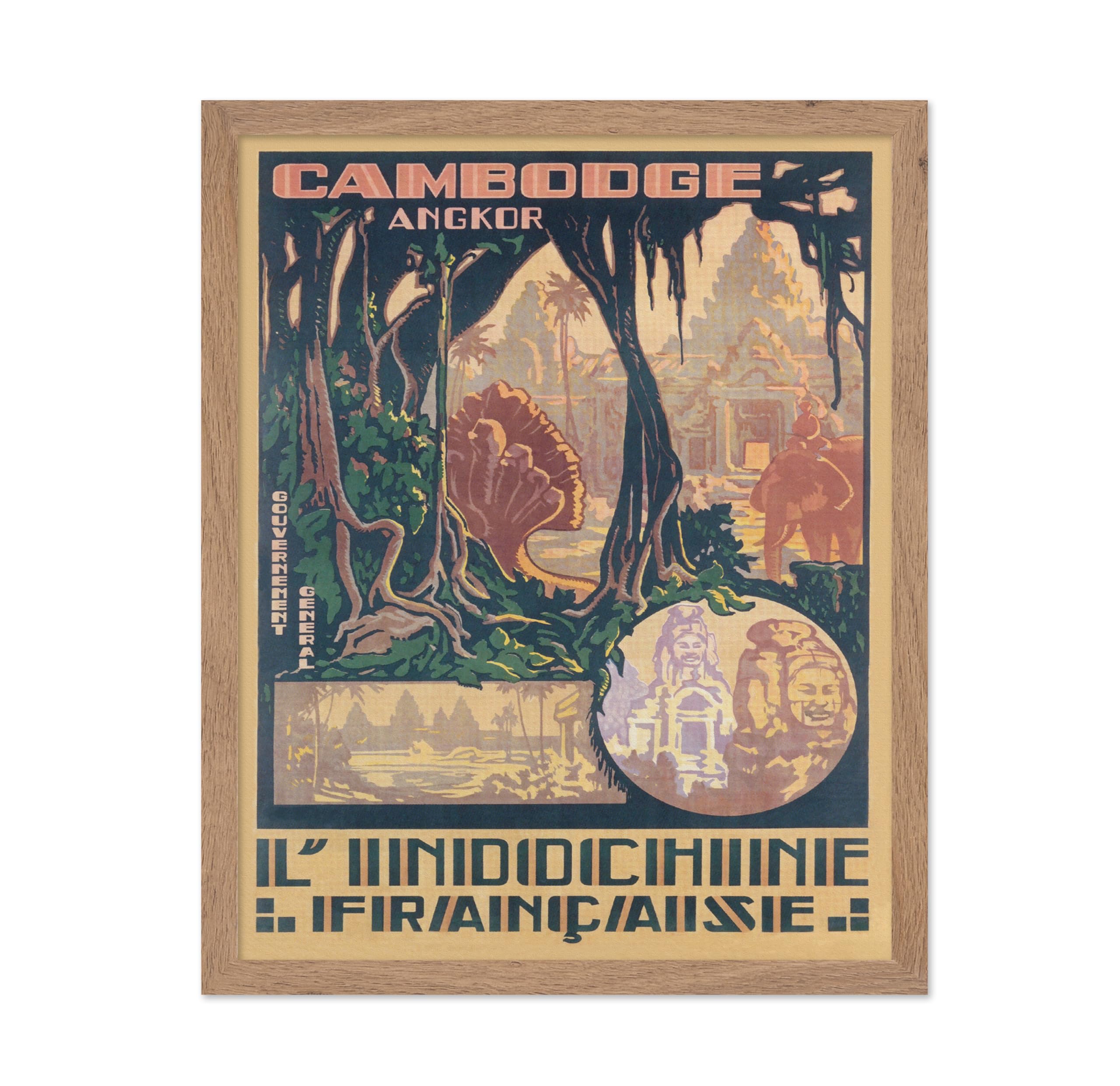 Poster Master Indochine Print - Vintage Cambodia Travel Poster - Ancient Angkor Temples, Indochina Jungles - Great Wall Decor Gi
