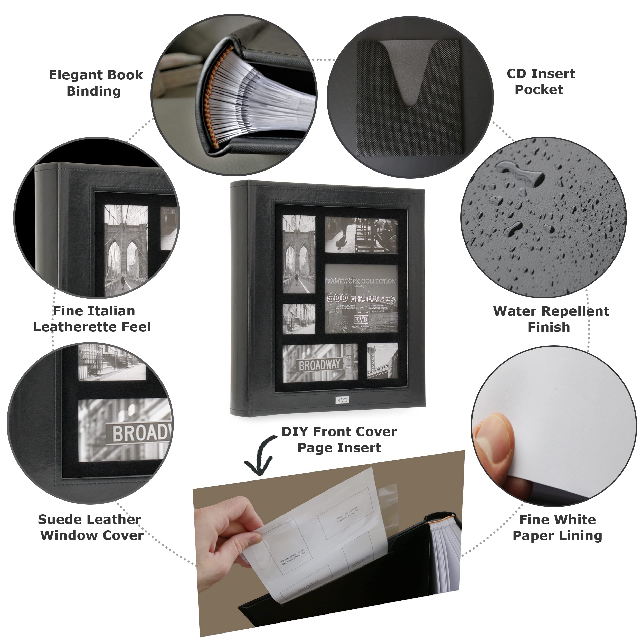 Kleer-Vu Photo Album Suedeleather Collection, Holds 500 4X6 Inches Photos, 5 Per Page - Black