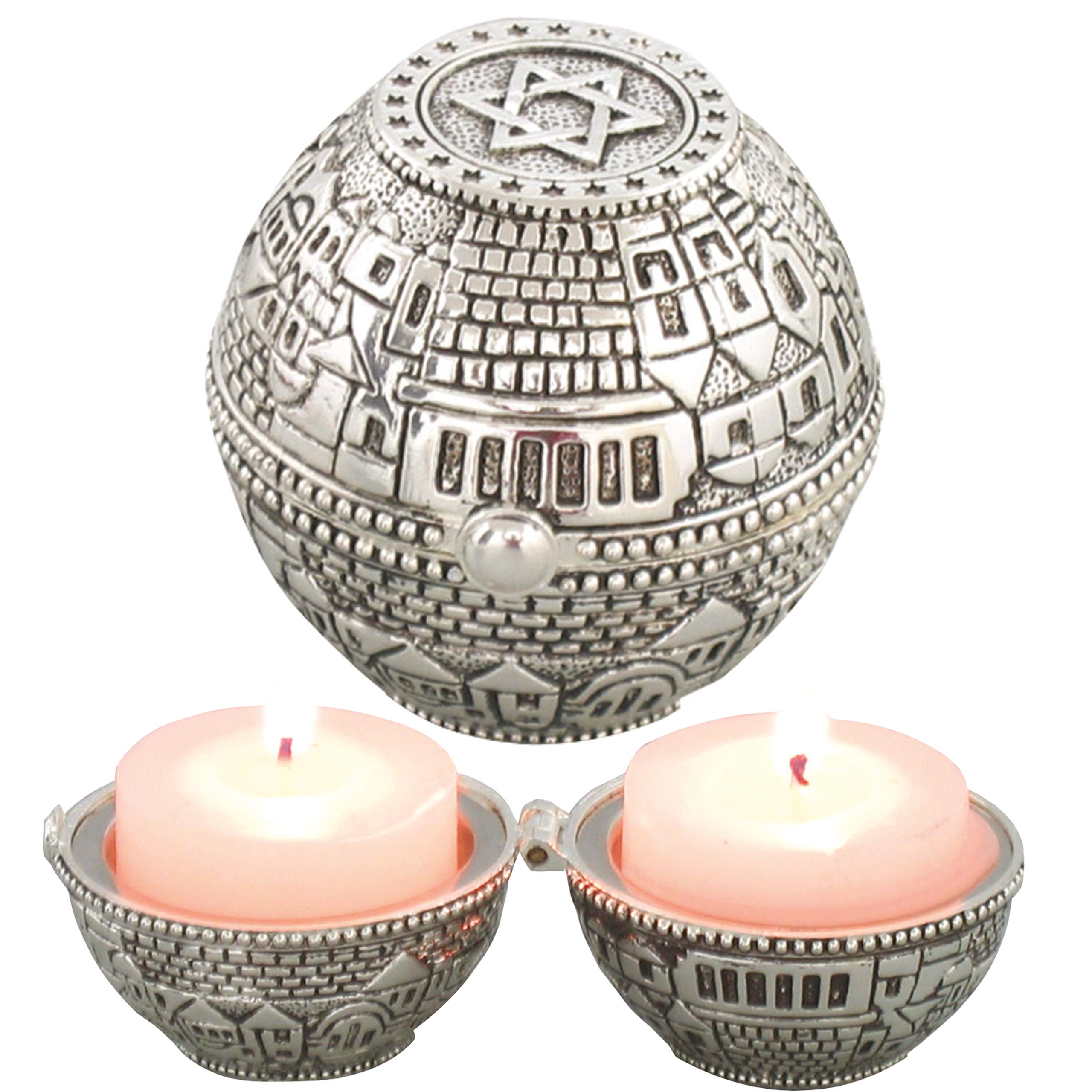 Masoret Jewish Shabbat Metal Travel Candle Holders - Jerusalem Candlesticks, Travel Size Candlesticks in A Box with Cover 2 Inch