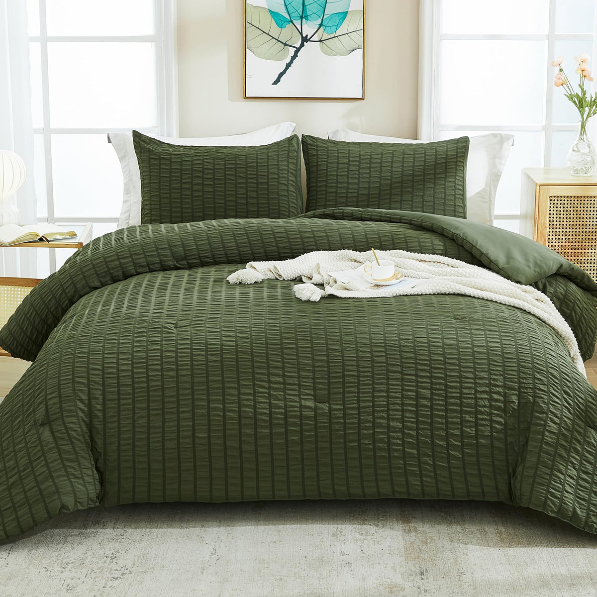 Avelom Dark Olive Green Seersucker Twin Comforter Set (68X90 Inches), 2 Pieces-100% Soft Washed Microfiber Lightweight Comforter With 1 Pillowcase, All Season Down Alternative Bedding Set