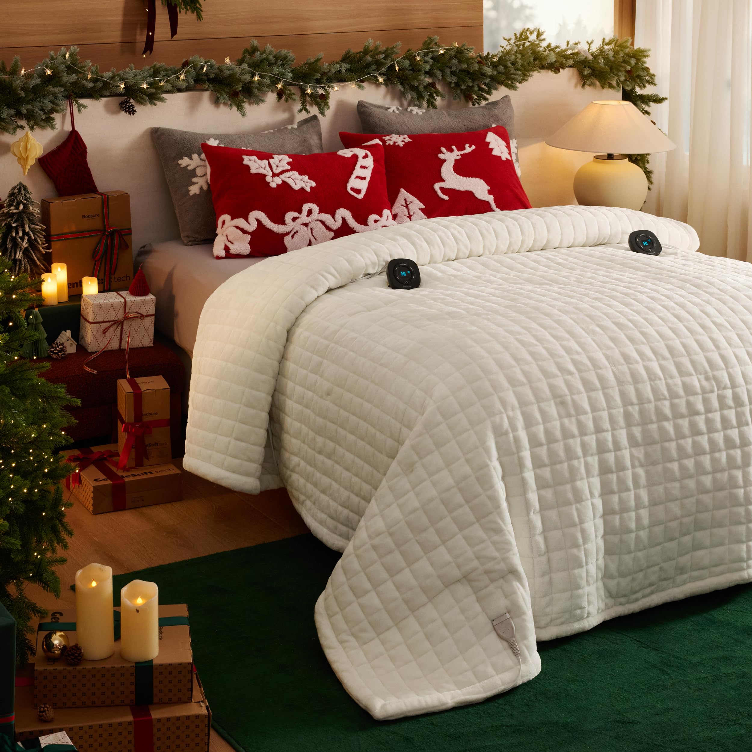 Bedsure Electric Blanket Queen Size - Quilted Winter Bedding of Thick Flannel, Dual Control Heated Blanket with 10 Heat & 10 Tim