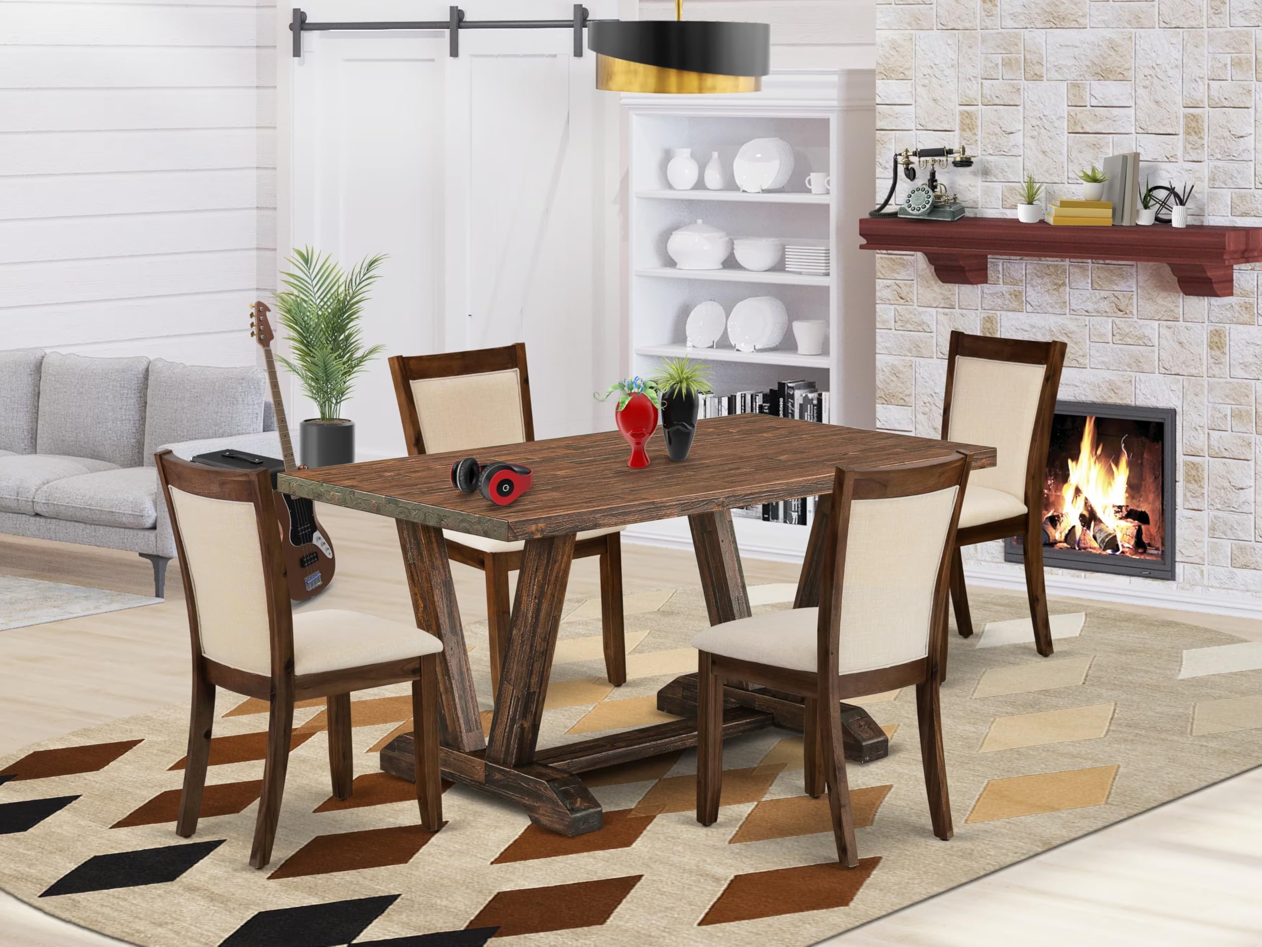 East West Furniture V776Mzn32-5 5 Piece Dining Table Set Includes A Rectangle Wooden Table With V-Legs And 4 Light Beige Linen Fabric Parson Dining Room Chairs, 36X60 Inch, Multi-Color
