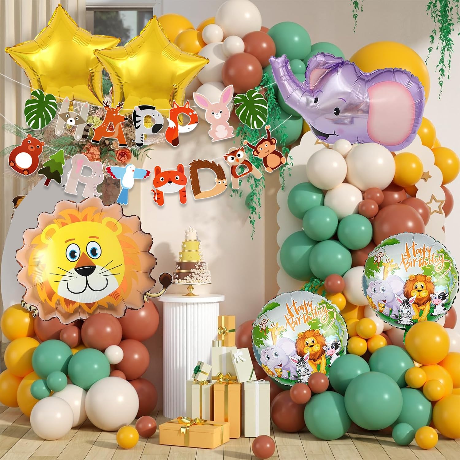 Velunza Jungle Theme Birthday Decoration Kit For Kids With Happy Birthday Banner, Lion, Elephant & Star Foil Balloons, Round Pri