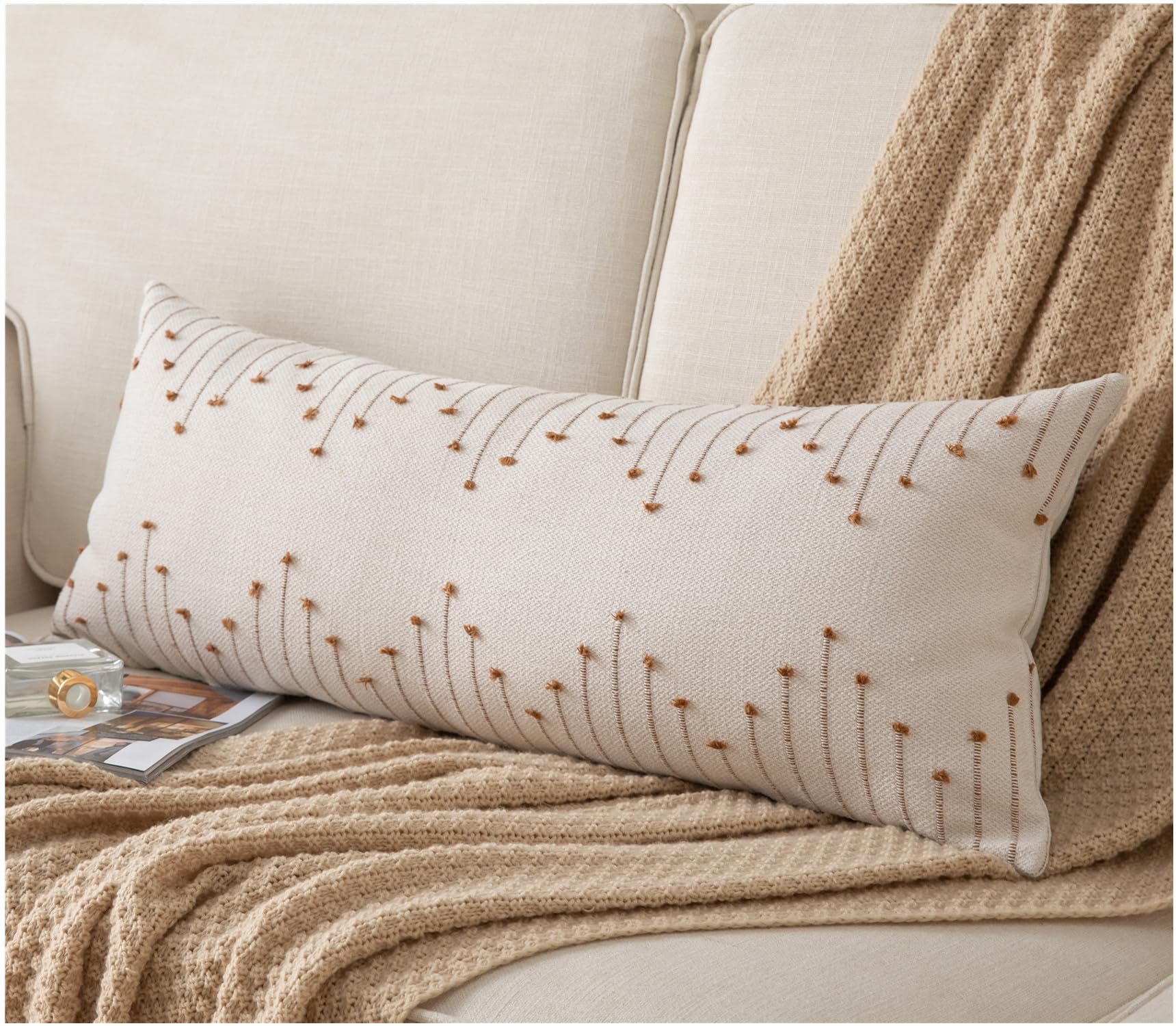Boho Lumbar Pillow Cover 14X36 Long Pack Of 1 Decorative Pillows Bed, Beige With Brown Body Throw Pillow Covers, For Modern Farm