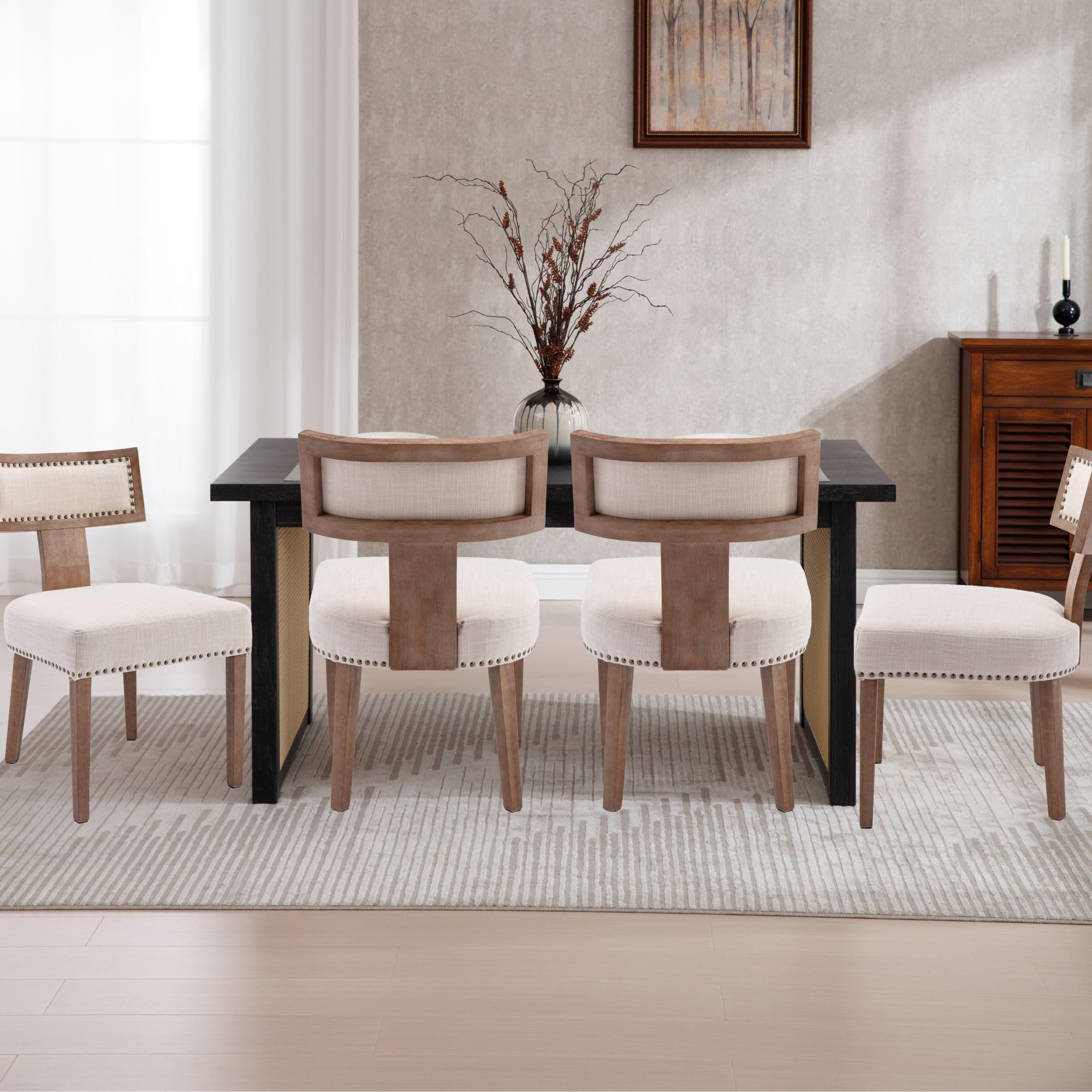 Wahson Set Of 4 Farmhouse Kitchen & Dining Room Chairs With Metal Nailhead Trim, Retro Linen Upholstered Dining Chair With Natur