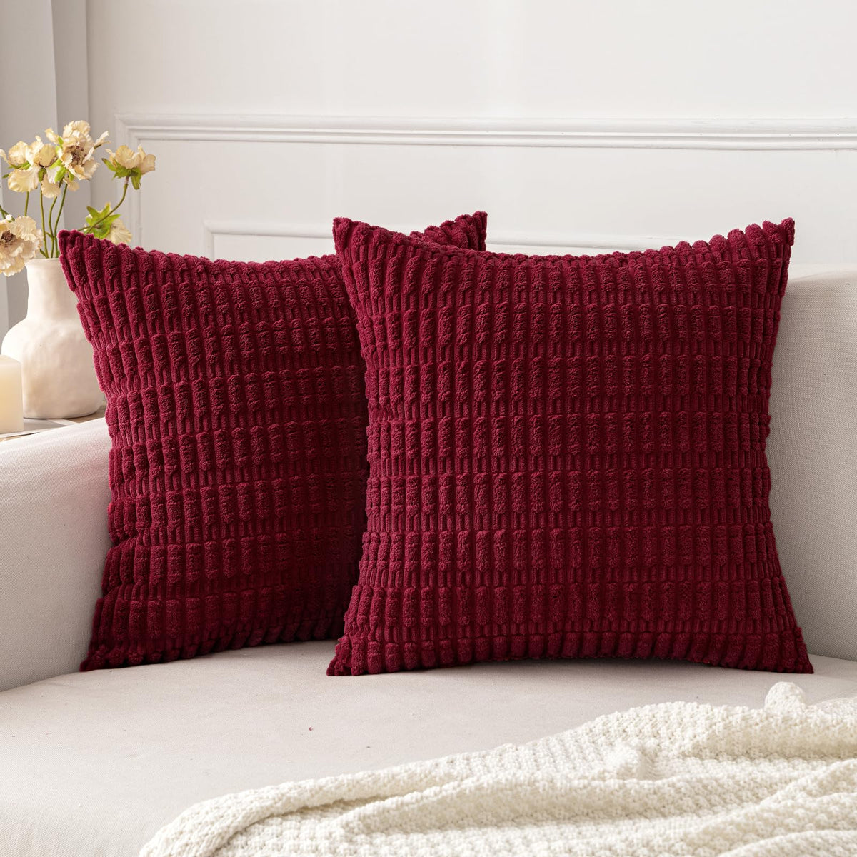 Miulee Pack Of 2 Christmas Burgundy Corduroydecorative Throw Pillow Covers 18X18 Inch Soft Boho Striped Pillow Covers Modern Far