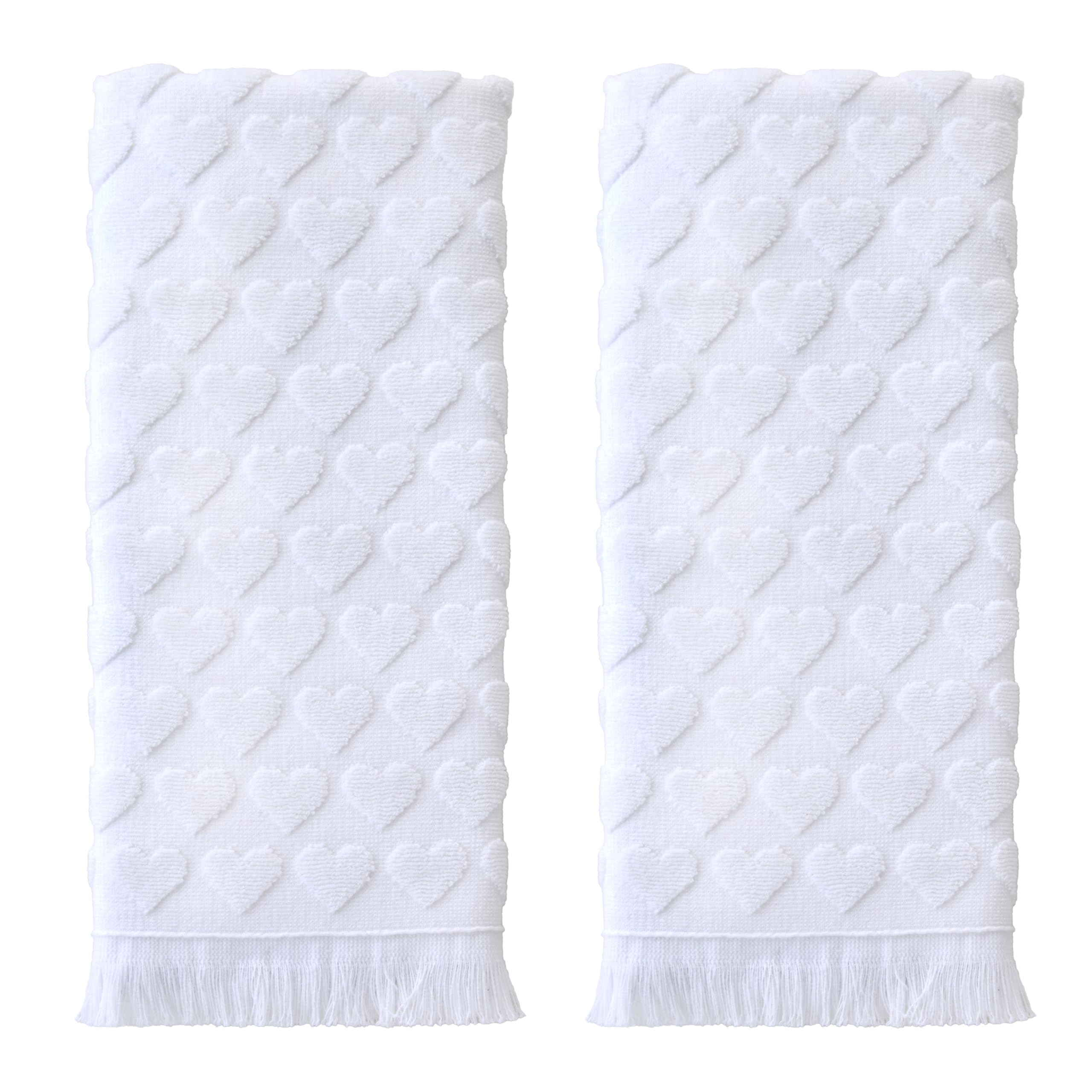 SKL Home Valentines Day Heart Jacquard 100% Cotton 2pc Hand Towel Set, Decorative for Bath/Kitchen/Bar & Gift, White
