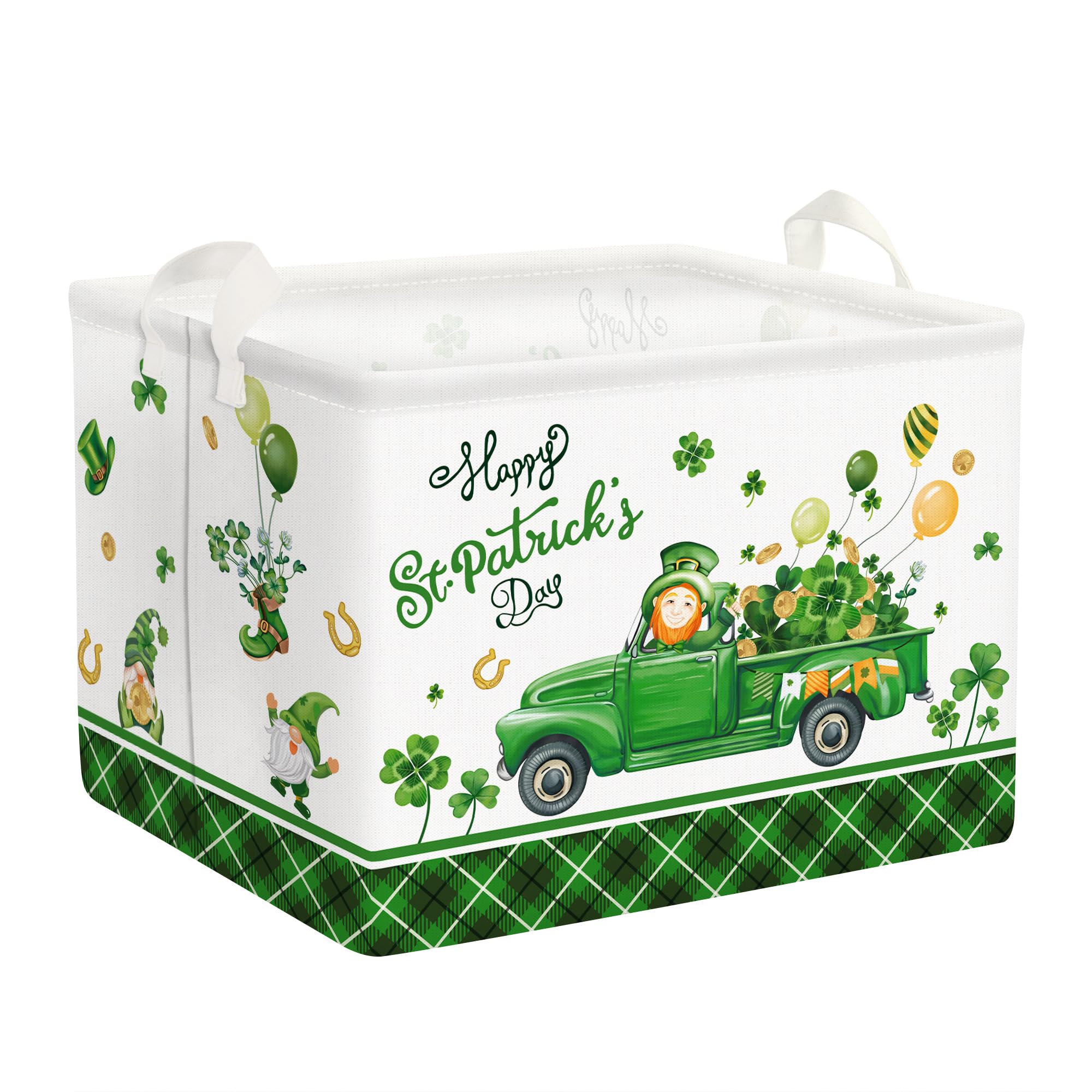 Clastyle St. Patrick's Day Four-leaf Clover Gift Basket Green Balloon Gnome Truck Kid Shelf Basket Rectangle Buffalo Plaid Cloth