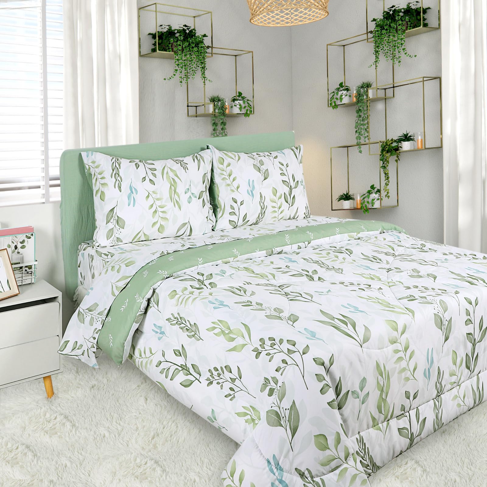 Dilimi Twin Comforter Set For Girls, Reversible 5 Pieces Comforter Twin Size Bed, Green Leaf Ultra Soft Twin Bedding Sets With C