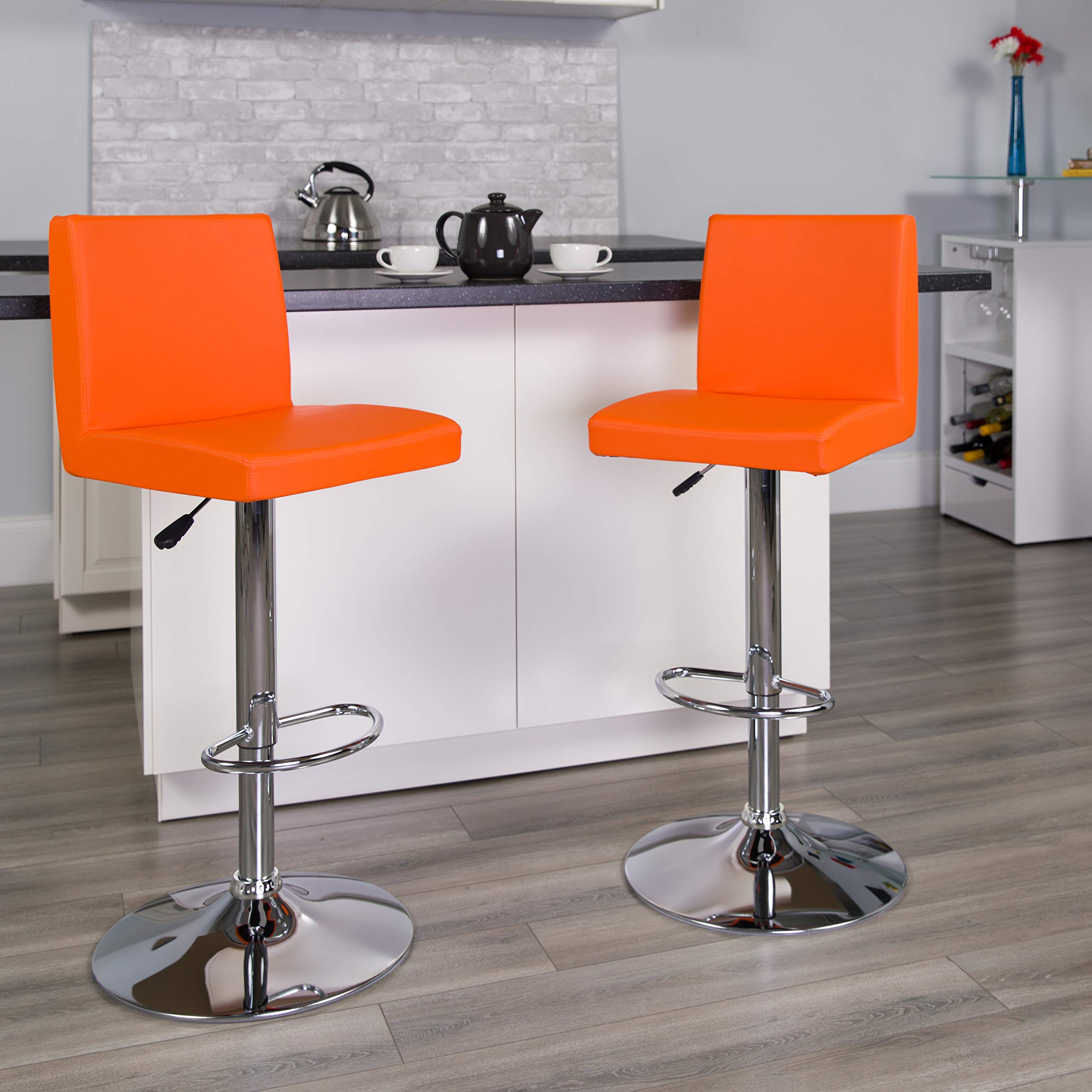Flash Furniture Contemporary Vinyl Adjustable Height Barstool With Panel Back And Chrome Base, 1 Pack, Orange