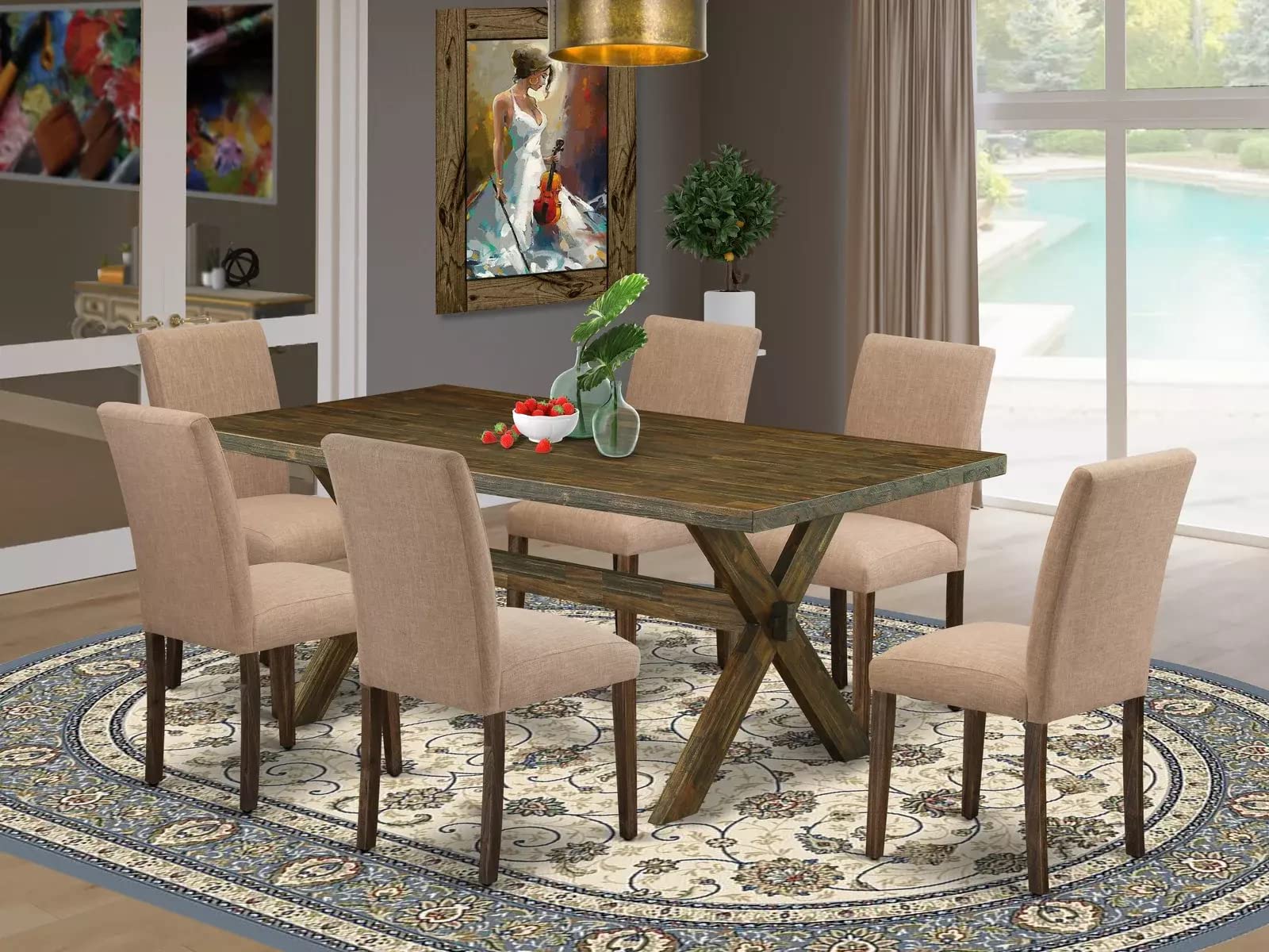 East West Furniture X777Ab747-7 7 Piece Dining Room Furniture Set Consist Of A Rectangle Dining Table With X-Legs And 6 Light Sable Linen Fabric Parsons Chairs, 40X72 Inch, Multi-Color
