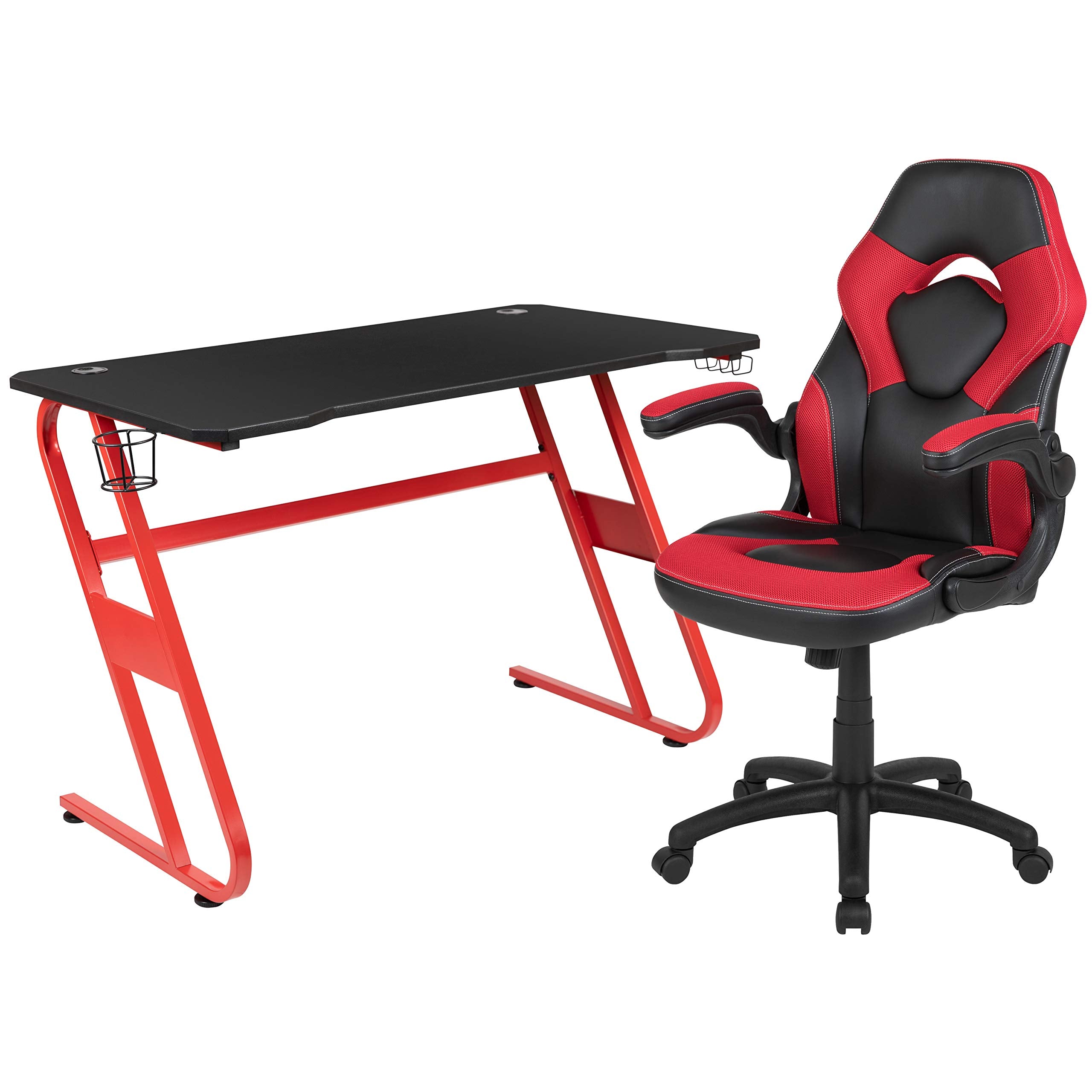 Flash Furniture Red Gaming Desk And Red/Black Racing Chair Set With Cup Holder And Headphone Hook