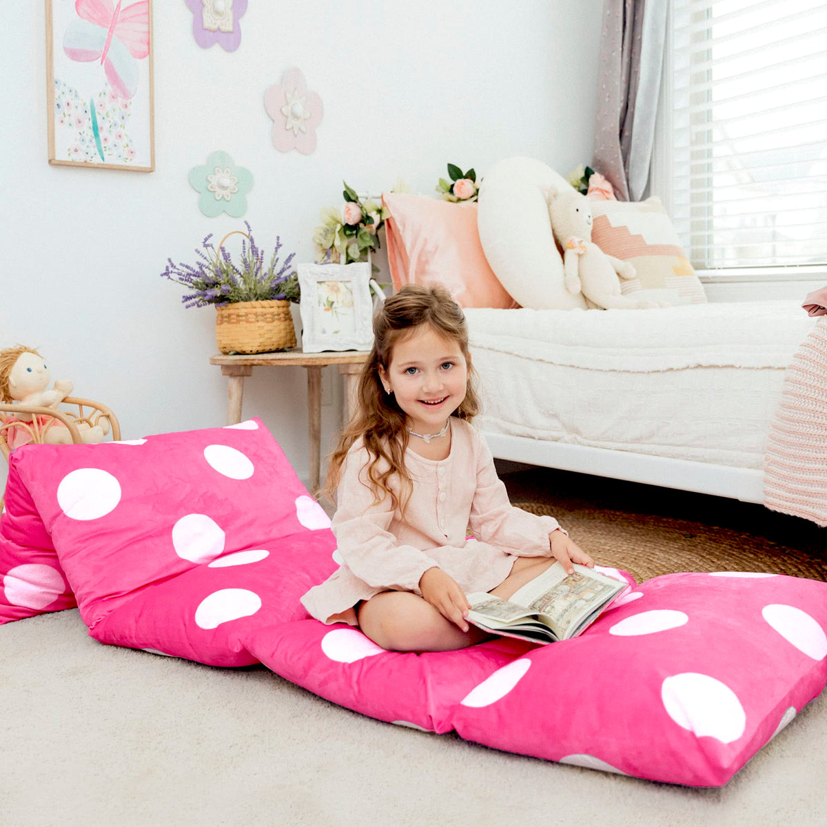 Butterfly Craze Floor Pillow Case, Mattress Bed Lounger Cover, Polka Hot Pink, Queen Size - Cozy Seating Solution For Kids & Adu