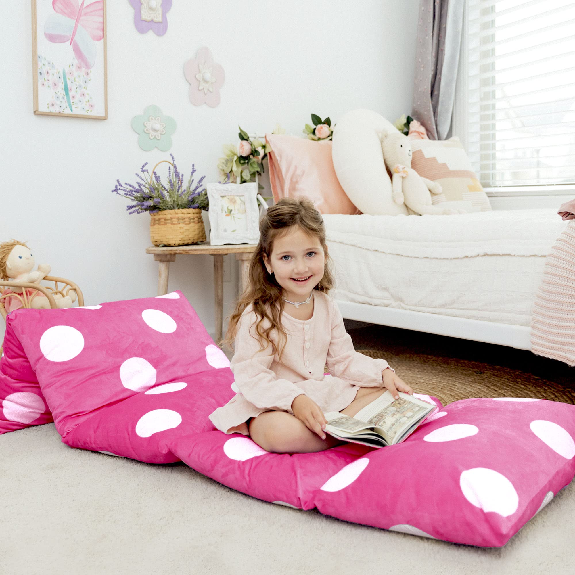 Butterfly Craze Floor Pillow Case, Mattress Bed Lounger Cover, Polka Hot Pink, King Size - Cozy Seating Solution For Kids & Adul