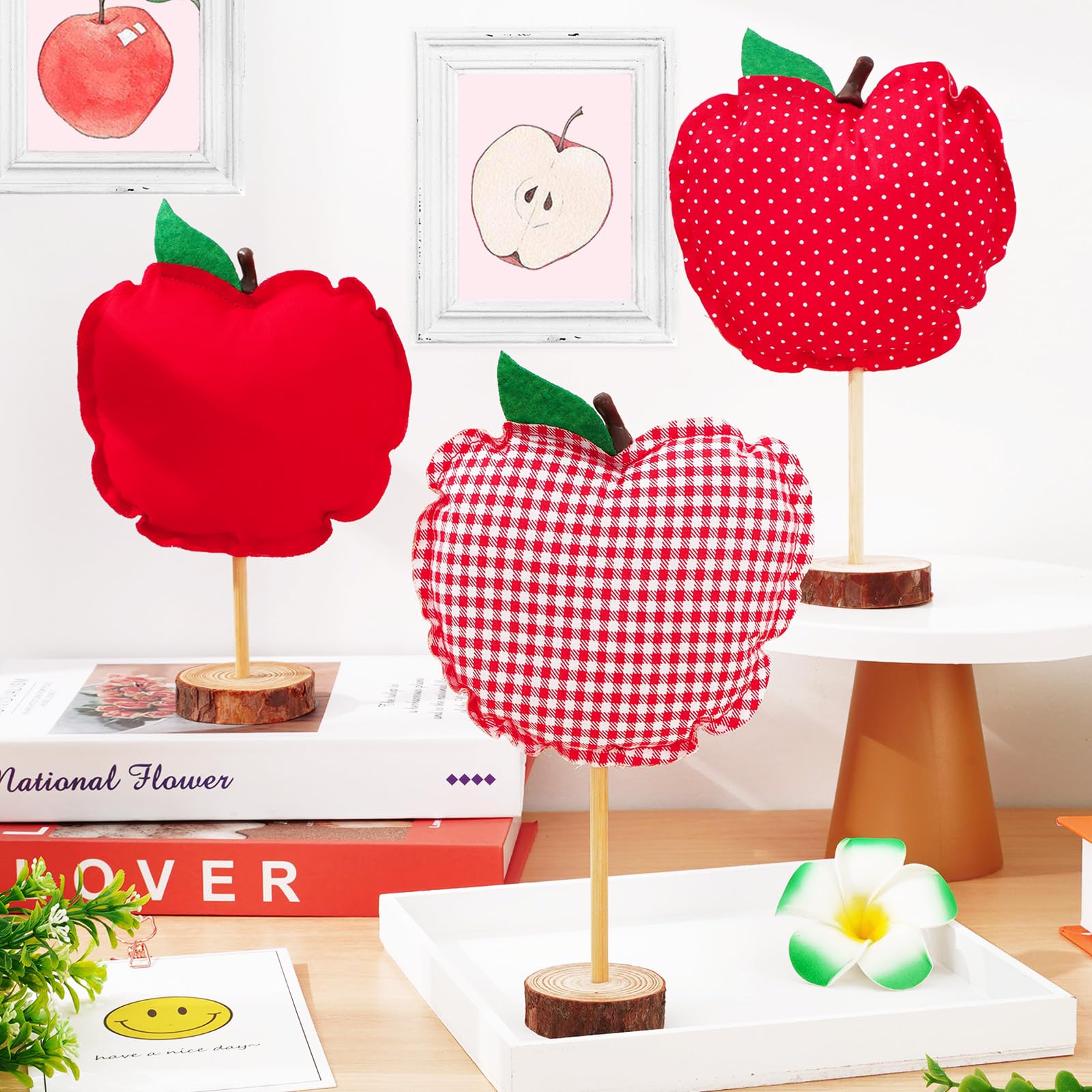 Whaline 3Pcs Back To School Fabric Tall Standing Plaid Dot Apple Block Set 3D Red Apple Tabletop Centerpiece Sign Wood Apple Sta