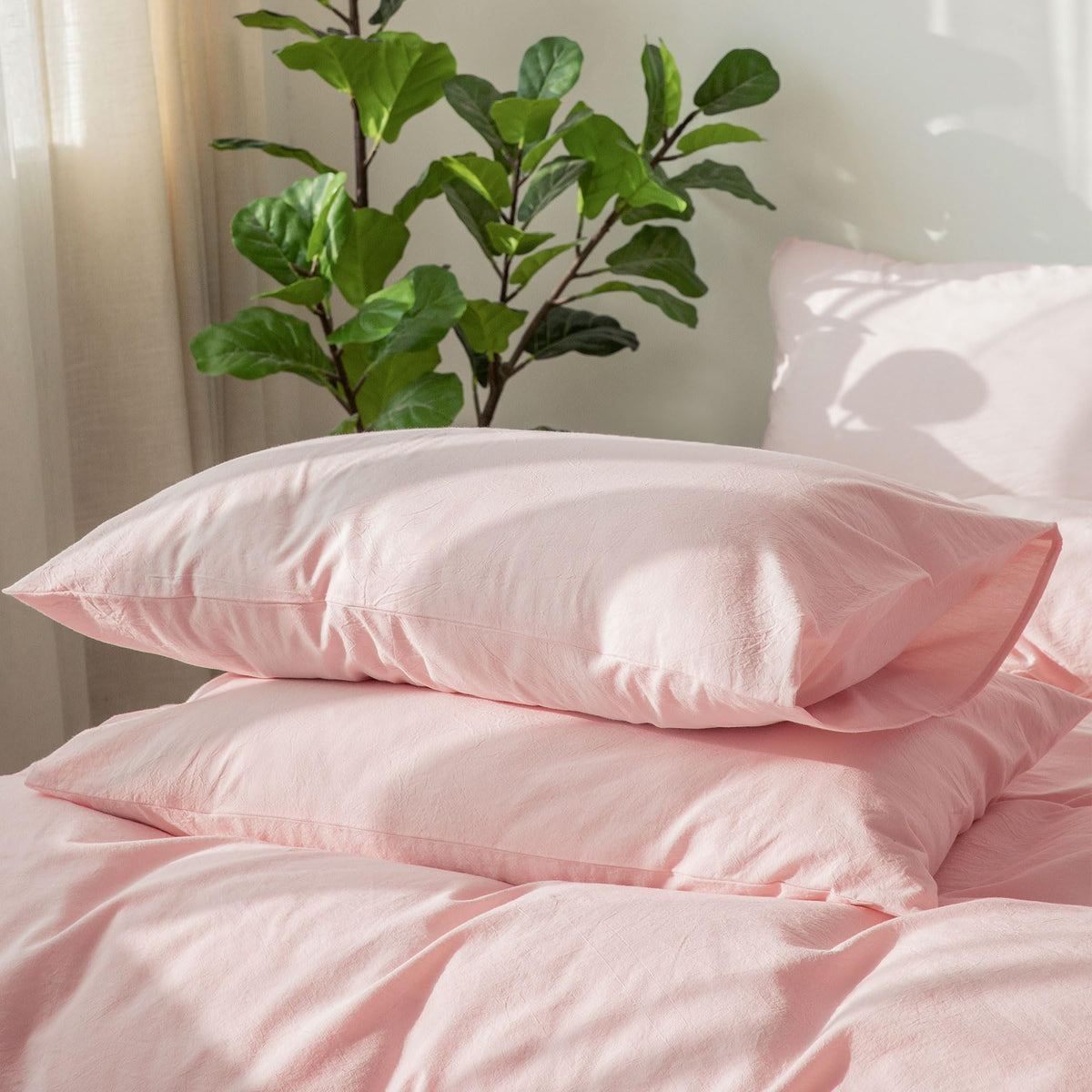 Moomee Bedding Pillowcases Pack Of 2 100% Washed Cotton Linen Like Textured Breathable Durable Soft Comfy (Pale Pink, Queen)