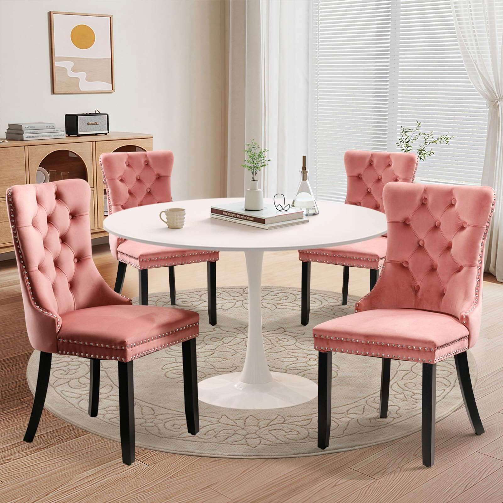 Soartalent 5-Piece 42' Round Dining Table Set For 4, White Table & 4 Pink Velvet Upholstered Dining Chairs, Modern Style, Kitch