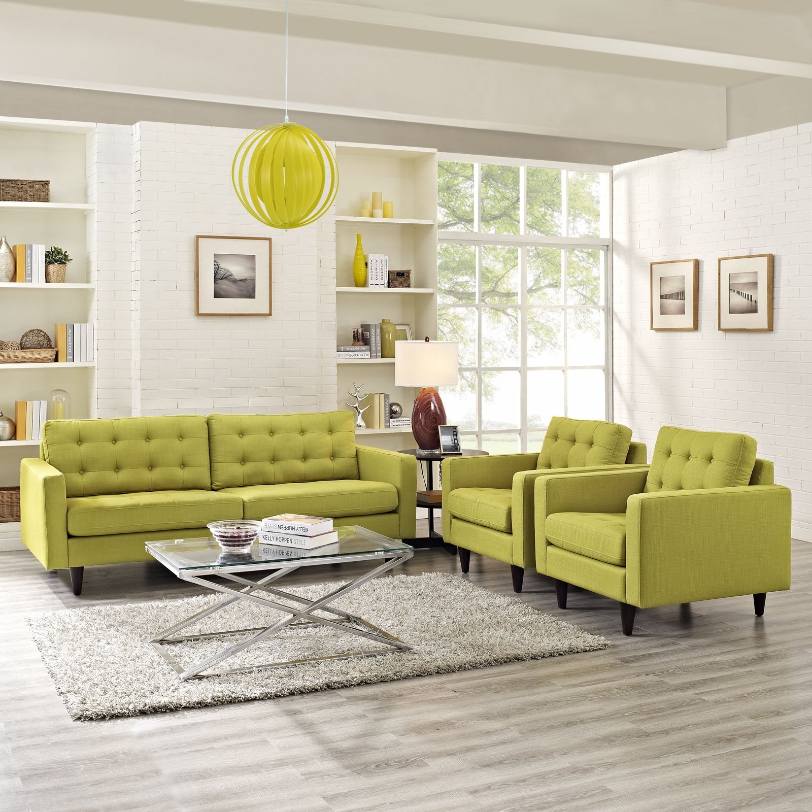Modway Empress Mid-Century Modern Upholstered Fabric Sofa And Two Armchair Set In Wheatgrass