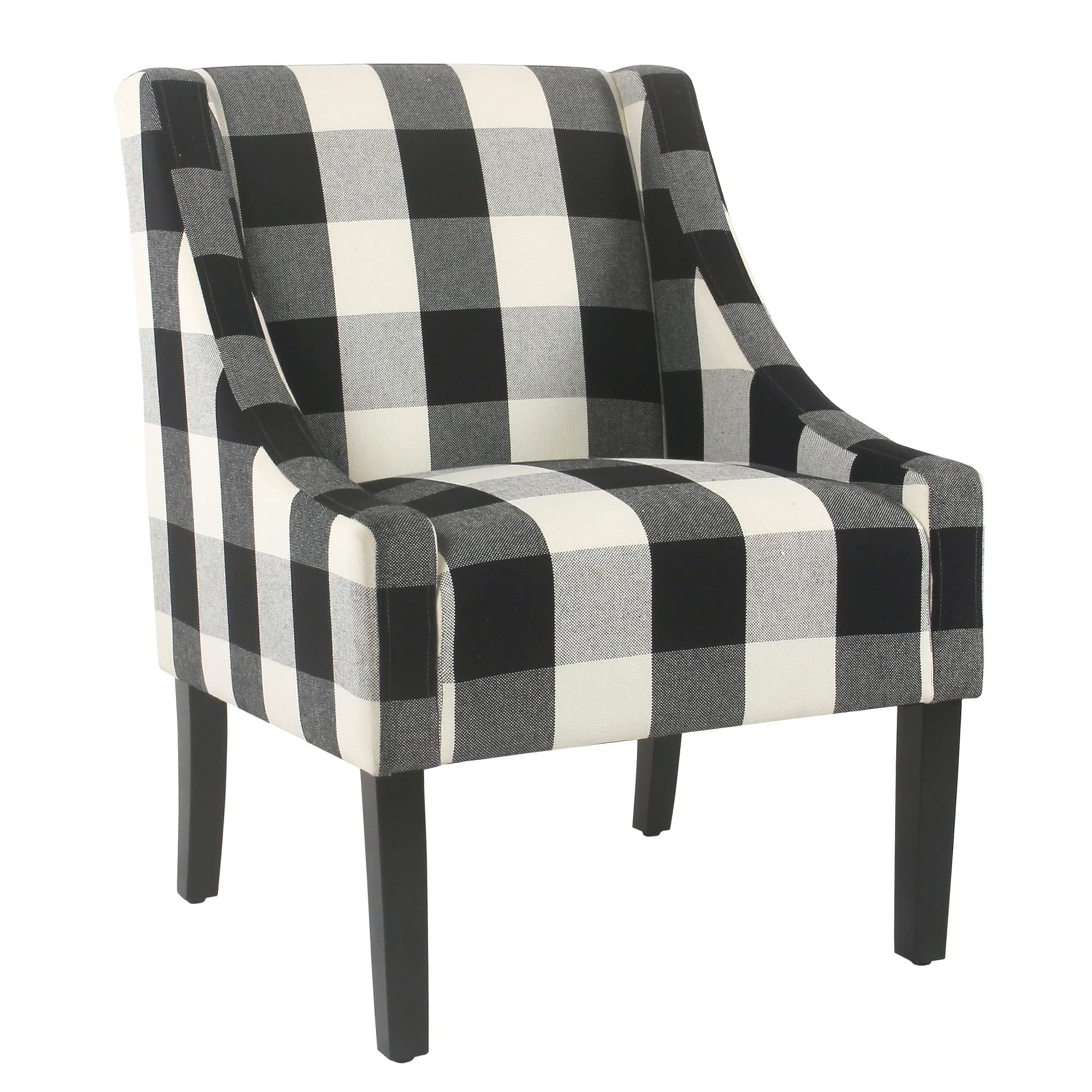 Benjara Wooden Accent Chair With Buffalo Plaid Pattern, Black And White