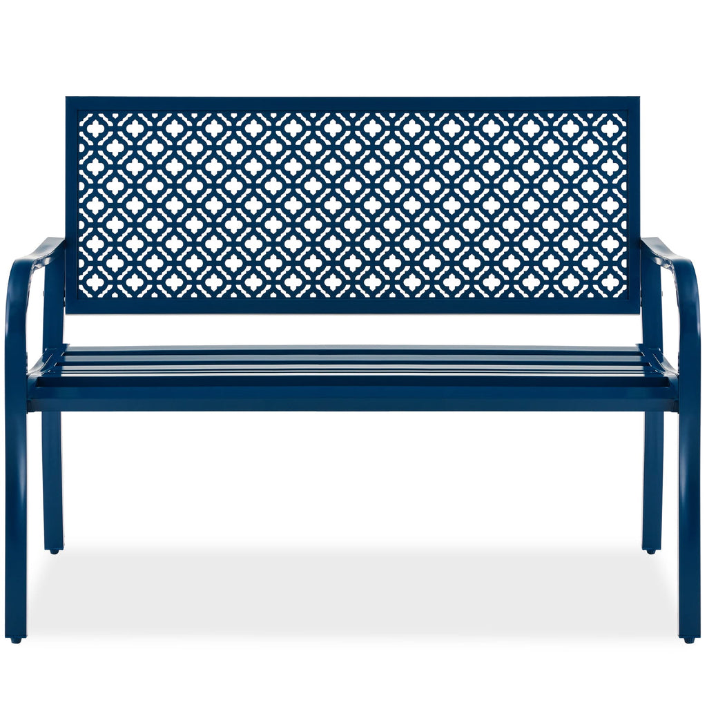 Best Choice Products Outdoor Bench 2-Person Metal Steel Benches Furniture For Garden, Patio, Porch, Entryway W/Geometric Backrest, 790Lb Capacity - Peacock Blue