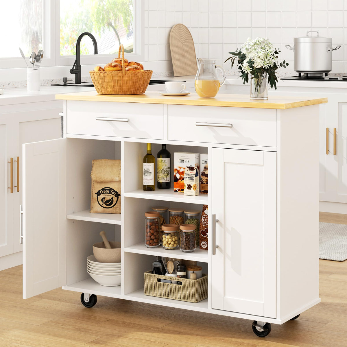 Qaqa 40' Kitchen Island Cart Furniture Cart On Wheels With Storage,Rolling Portable Dining Room Serving Utility Carts Mobile Mo