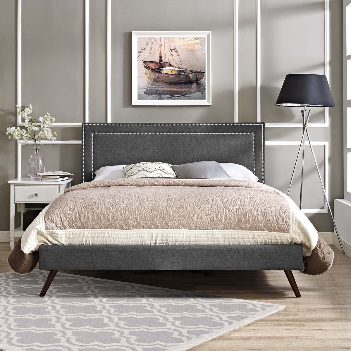 Modway Virginia Upholstered Queen Platform Bed Frame With Splayed Legs In Gray