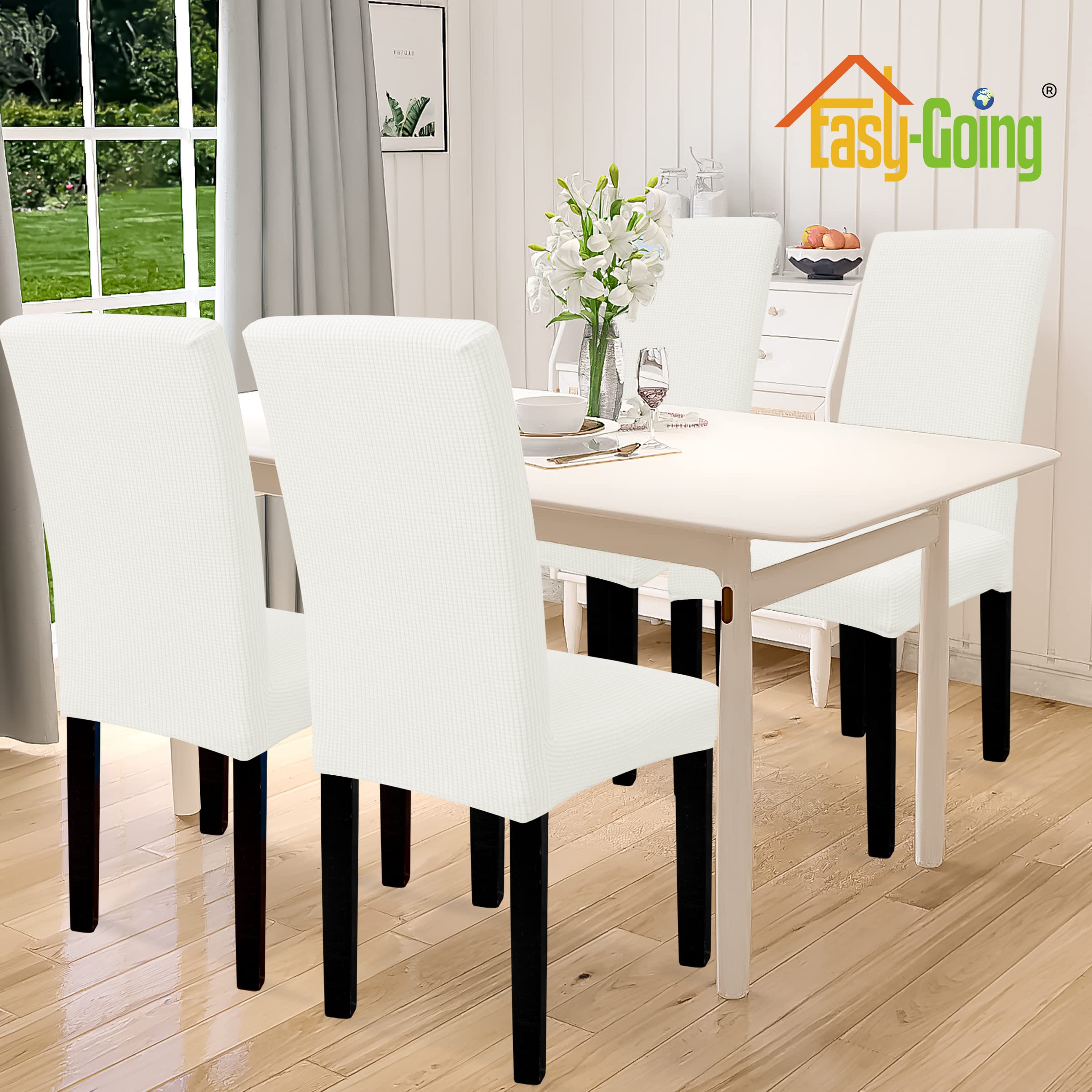 Easy-Going 100% Waterproof Dining Room Chair Cover Set Of 4, Stretch Jacquard Parson Chair Slipcover Removable Washable Chair Protector For Home, Restaurant, Banquet (Xlarge, Cream)