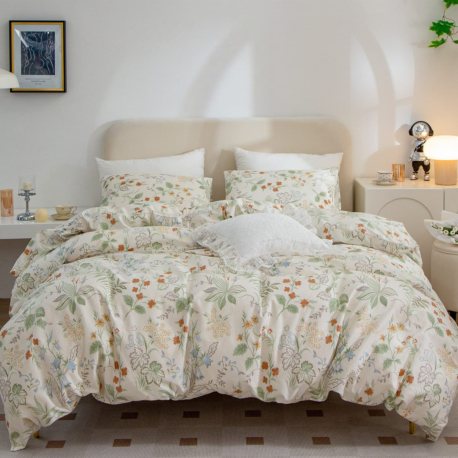 Floral Duvet Covers Queen, 100% Cotton Chic Floral Bedding Sets Queen 3 Pieces Green Red Flower Leaves Queen Duvet Cover Floral,