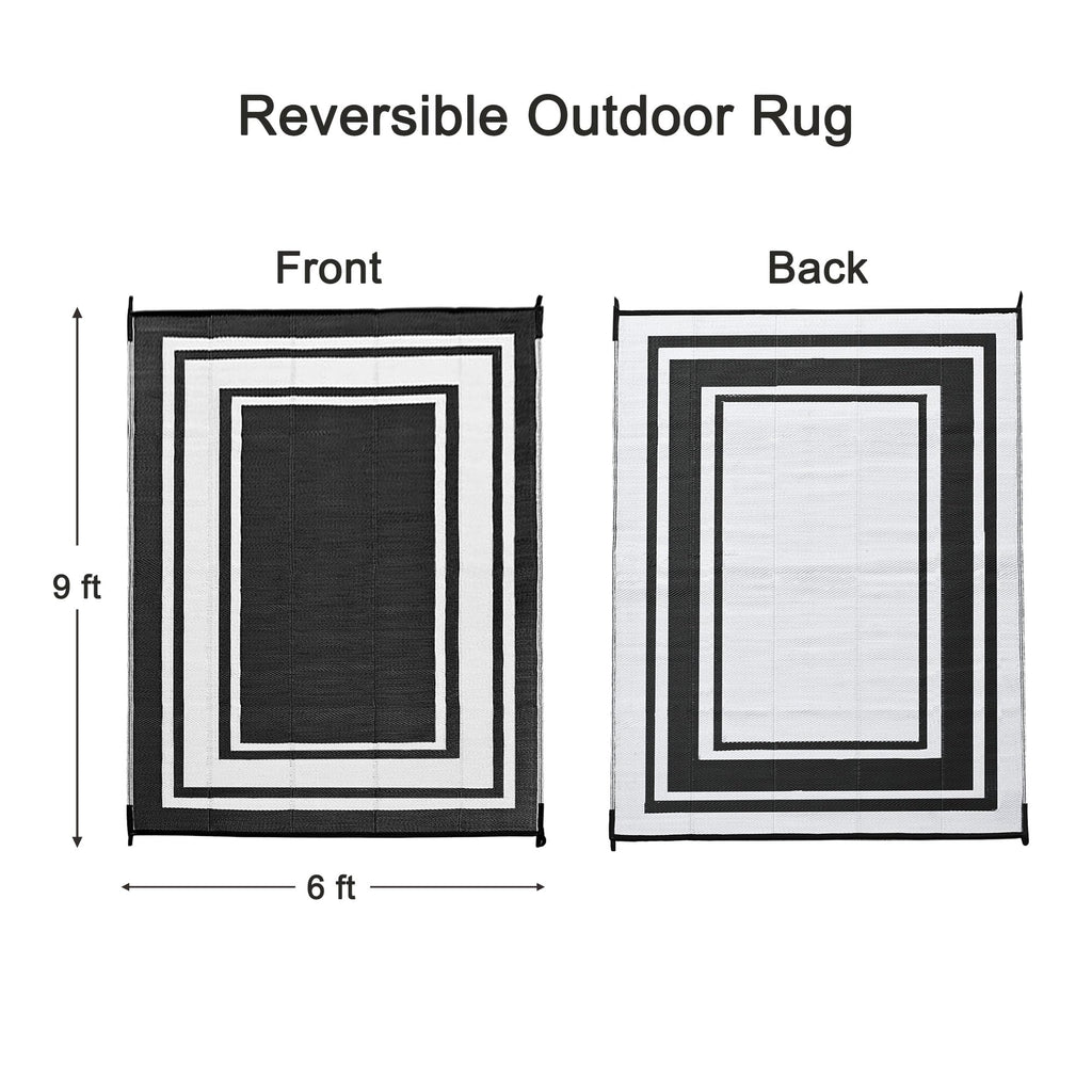 Rurality Outdoor Rugs 6X9 Waterproof For Patios Clearance,Plastic Straw Mats For Backyard,Porch,Deck,Balcony,Reversible,Black And White